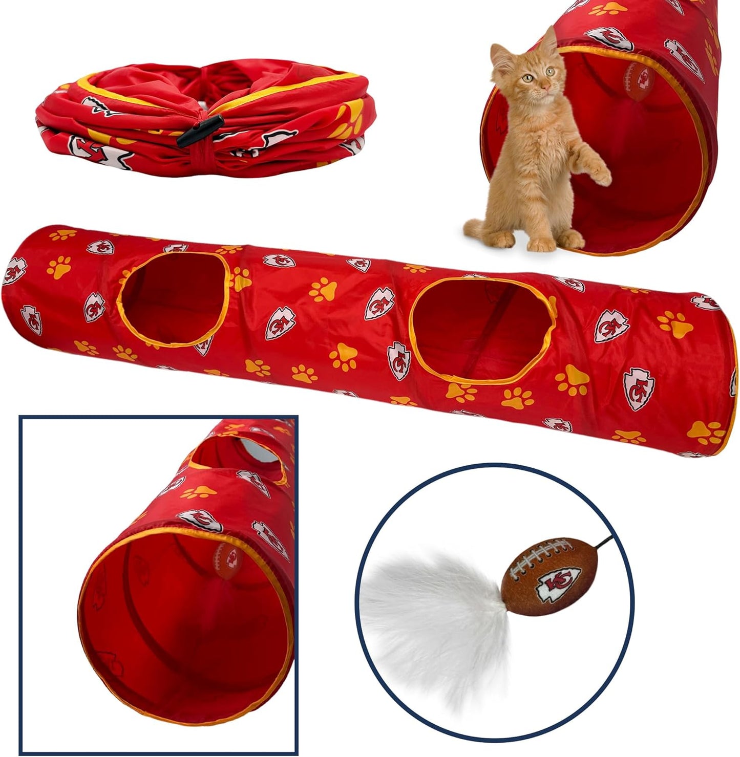 NFL Kansas City Chiefs Cat Tunnel Tube Toy with Plush Football Catnip and Feathers Collapsible Tunnel for Cats to Play, Peek and Hide, Sporty & Fun Cat Tunnel Toy with Team Logo All-Over Design!