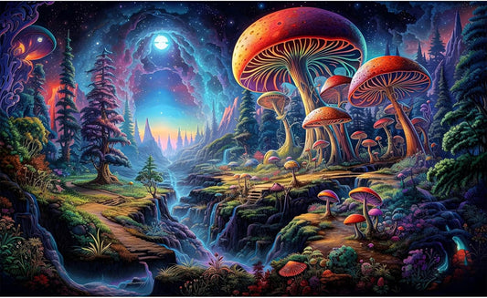 Forest Aquarium Background Fantastic Cartoon Forest Landscape with Mushrooms and Flowers Terrarium Background Fantasy Pine Tree Mysterious Mushroom Theme Fish Tank Backdrop Poster Decor 36x20in