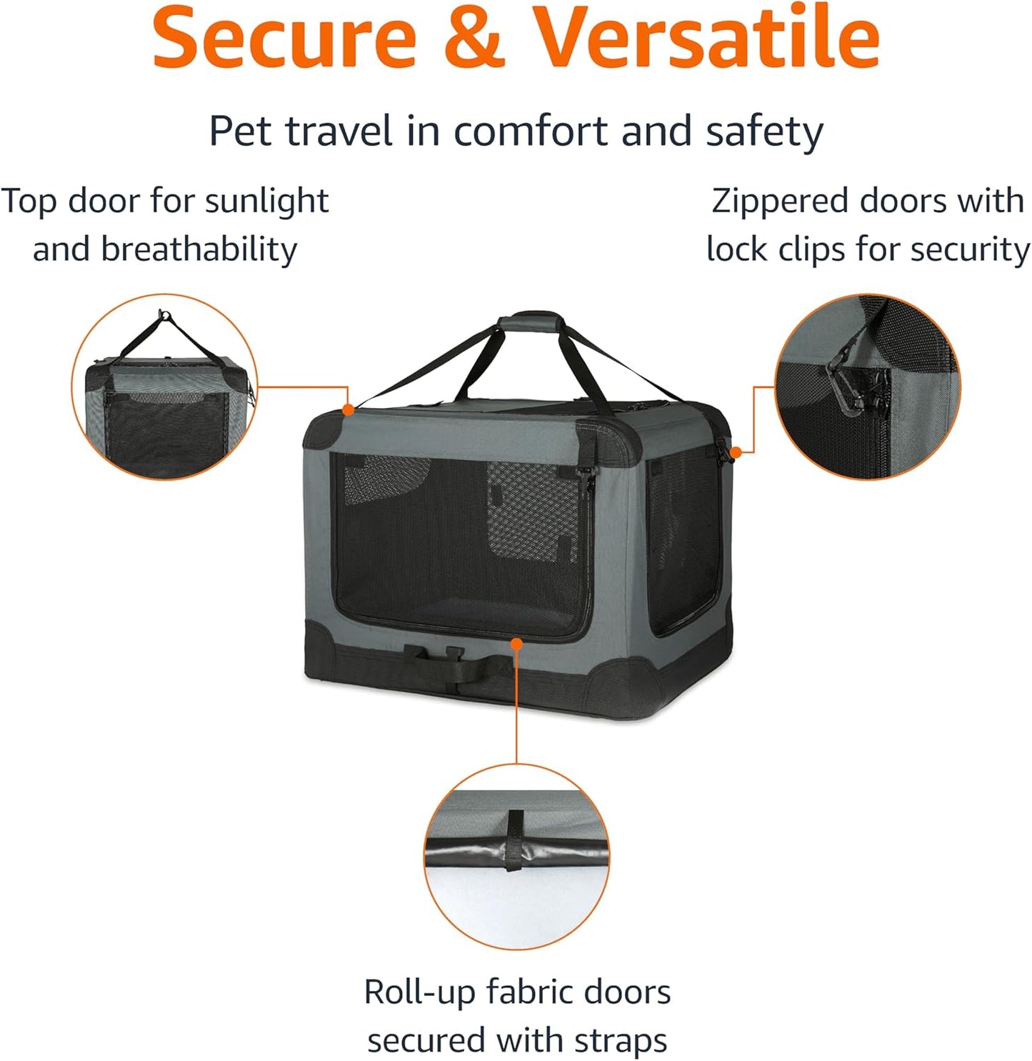 Amazon Basics 4-Doors Portable Soft-Sided Folding Travel Crate Kennel for cat, Dog, and Other Small Animals, Grey, S 26" x 18" x 18"