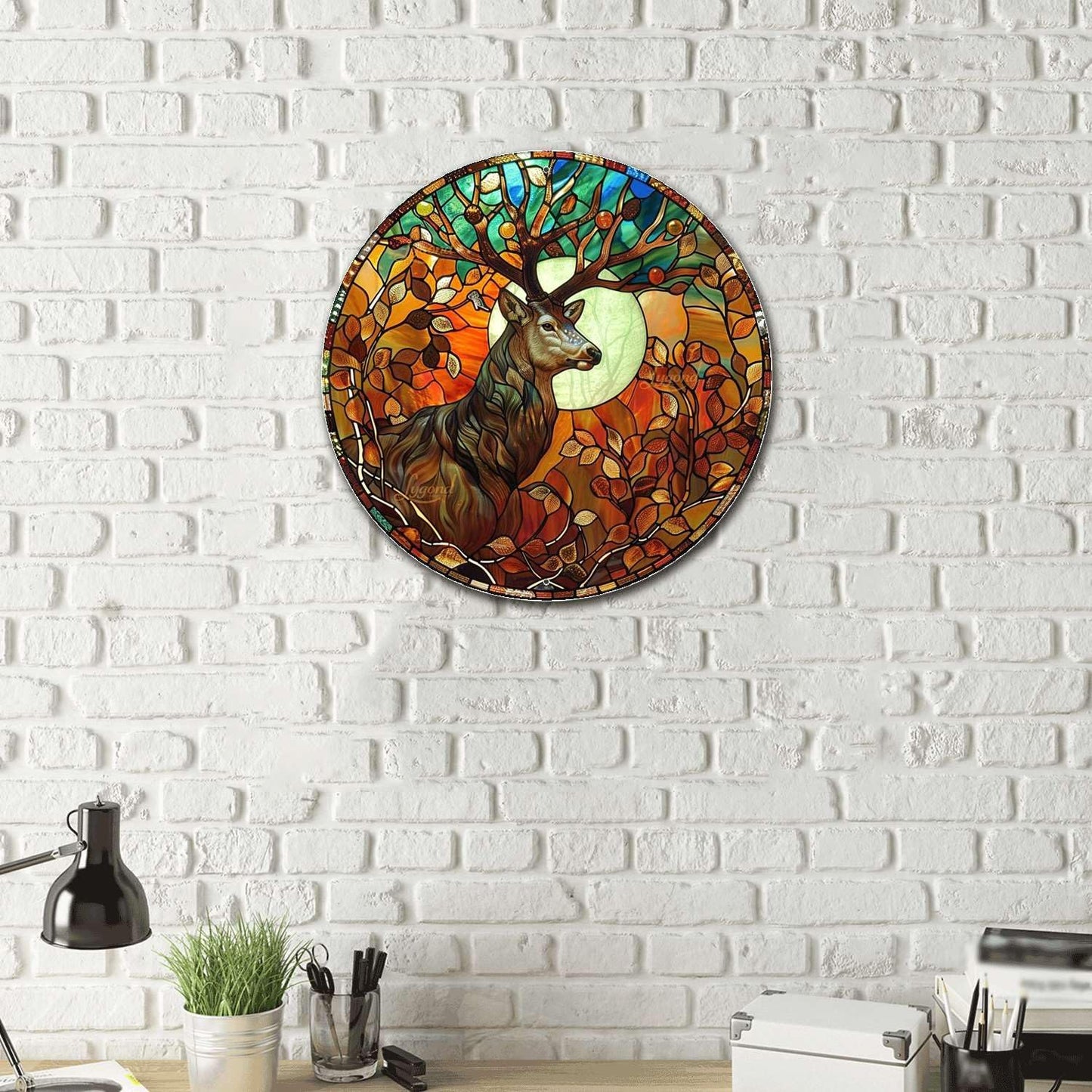 Lygond Metal Sign Tin Sign Circular Stained Glass Deer Gift For Gift 12×12 Inches