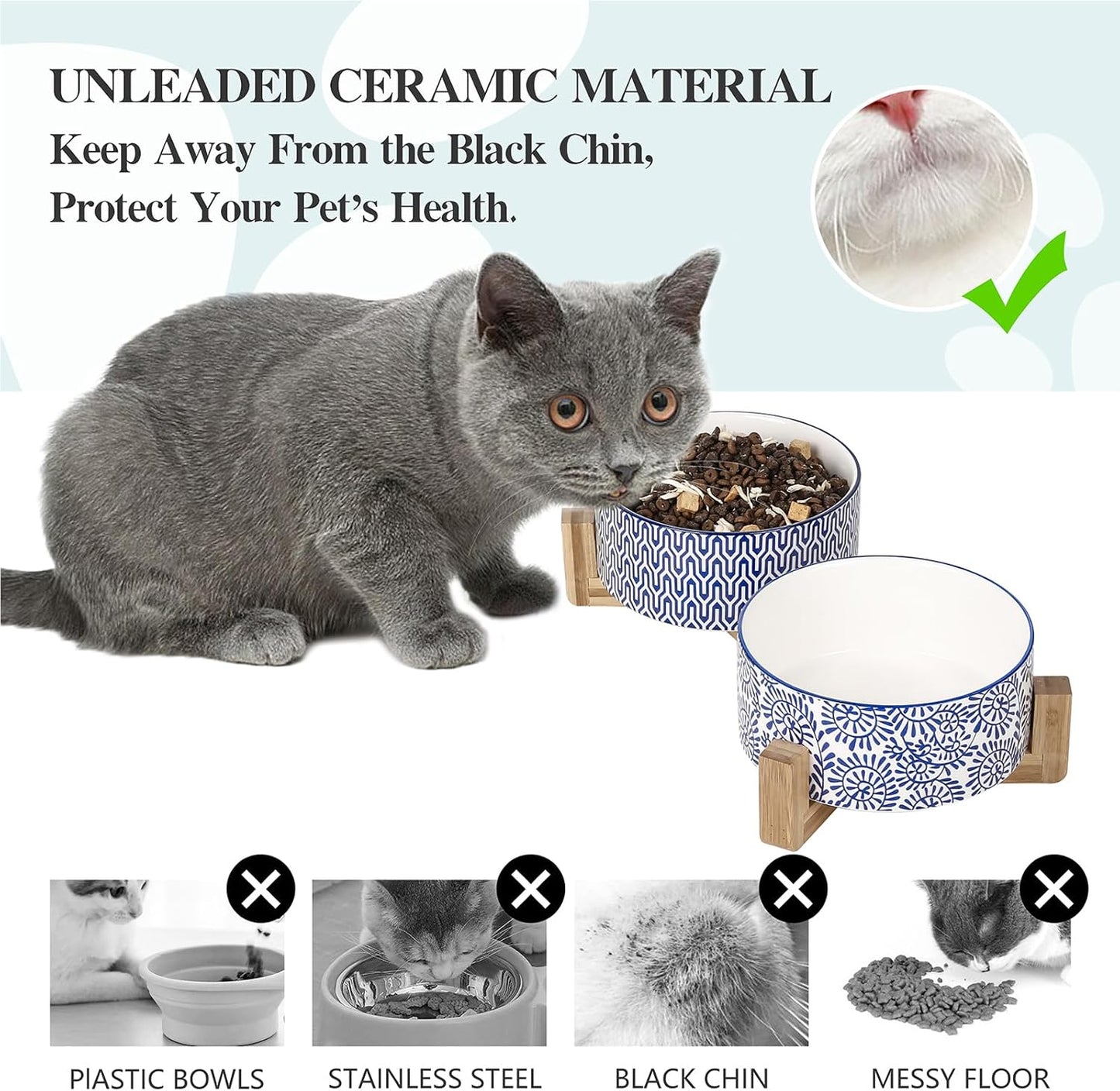 Selamica Ceramic 14 OZ Dog Bowls with Wooden Stand, Anti-Slip Dog Dishes Set for Cats & Small Dogs, Weighted Pet Bowls Set of 2, Vintage Blue