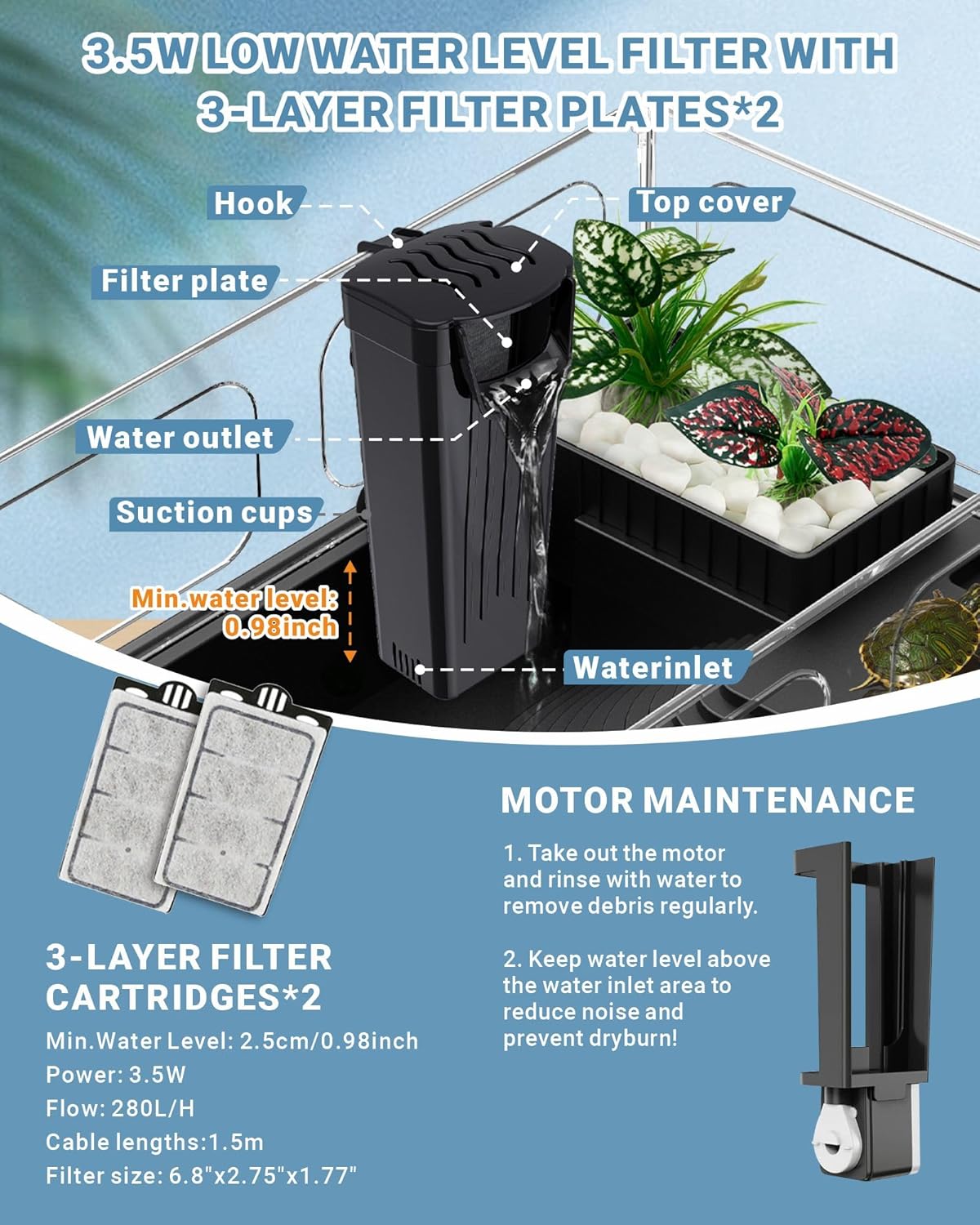 GOZILLA Small Turtle Tank Kit(Tank+Lamp+Filter), Acrylic Turtle Starter Kit with Adjustable Lamp, Reptile Habitat and Terrarium with Multi-Functional Areas for Small Reptiles. (Black Kit)