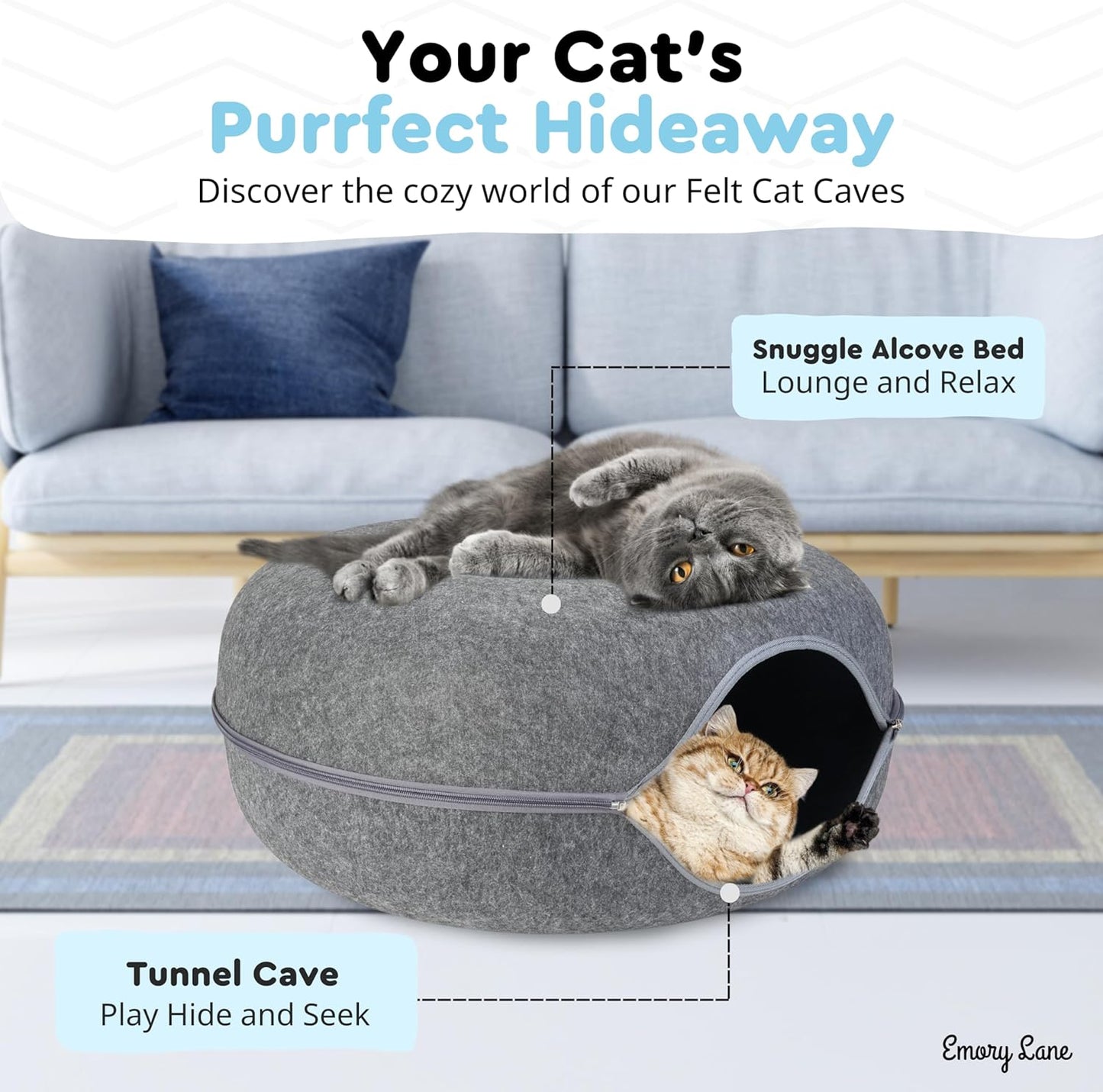 Emory Lane - Premium Cat Cave, Multifunctional Donut Tunnel Bed, Round Felt Cave with Zipper, for Pets up to 40 Lbs (24x24x11 Inch) (Dark Gray)