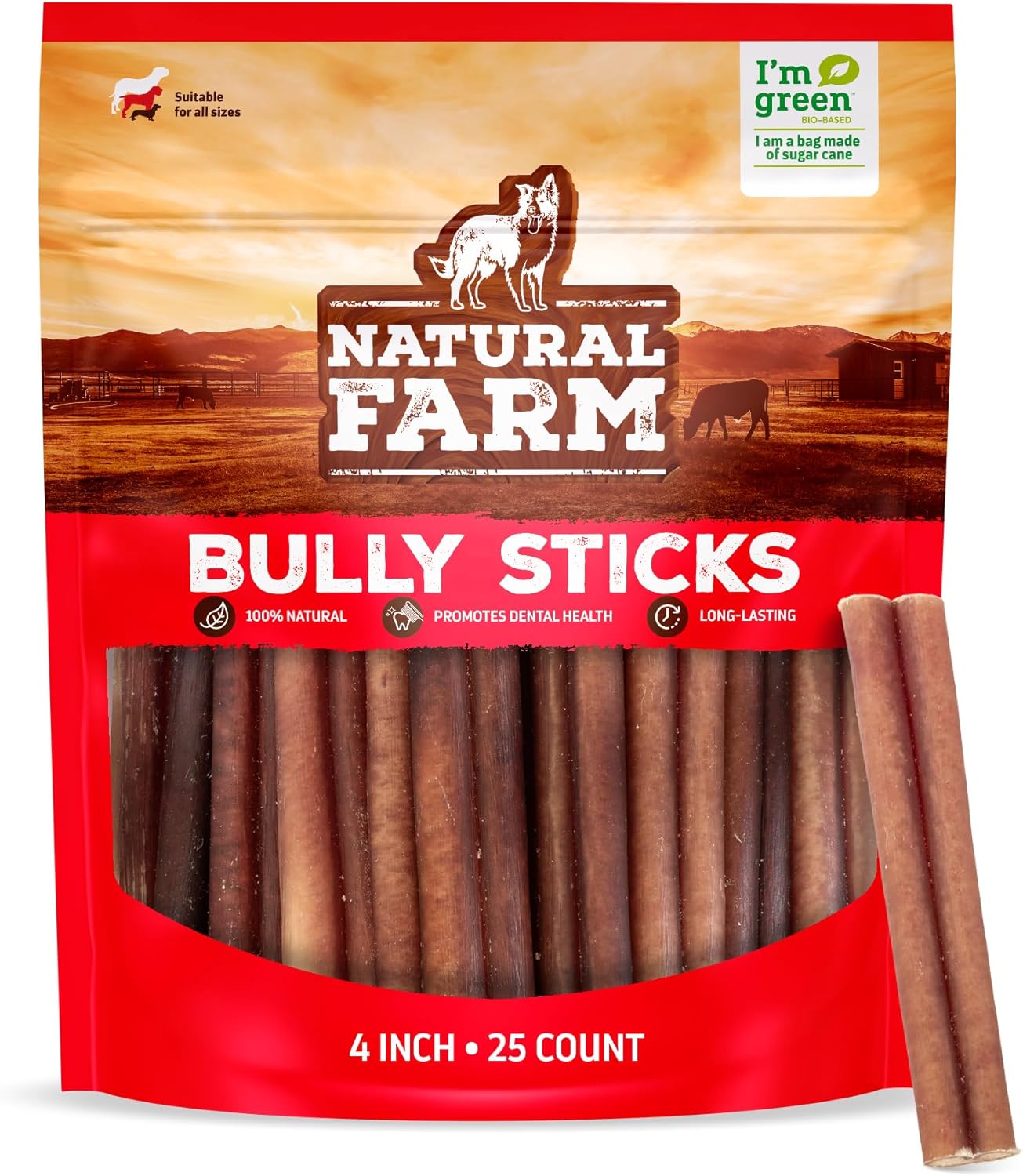 Natural Farm Odor Free Bully Sticks (4 Inch, 25 Pack) for Small & Medium Dogs - 100% Beef Chews for Pups, Non-GMO, Grain-Free, Fully Digestible Long Lasting Dog Treats