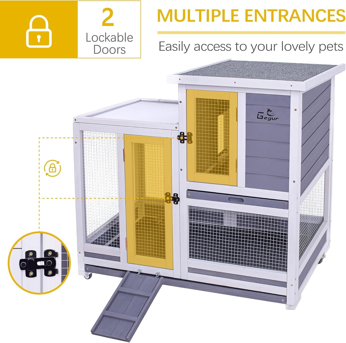 GEGURI Rabbit Hutch, Two-Story Indoor Bunny Cage, Outdoor Guinea Pig Cages for Small Animals with Wheels, Removable Tray