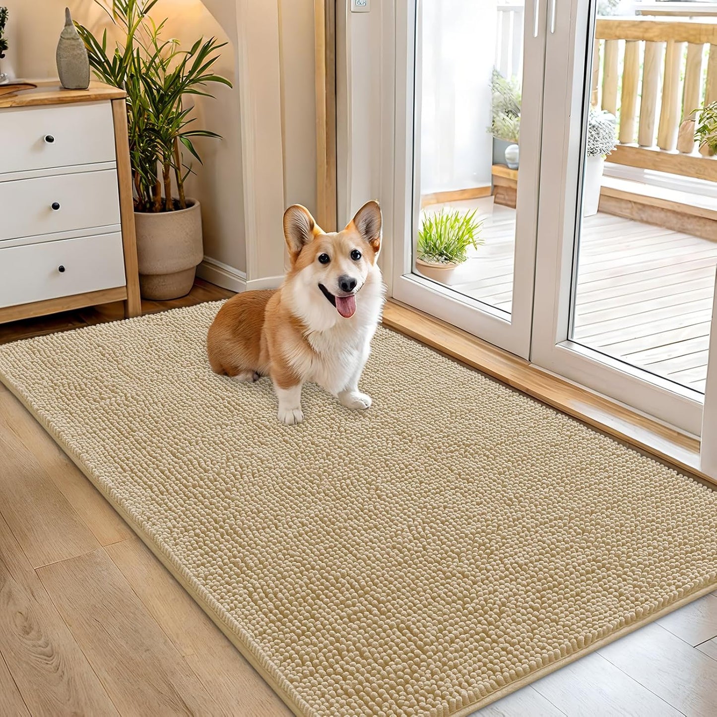 OLANLY Dog Door Mat for Muddy Paws 54x32, Absorbs Moisture and Dirt, Absorbent Non-Slip Washable Doormat, Quick Dry Chenille Mud Mat for Dogs, Entry Indoor Entryway Carpet for Inside Floor, Beige