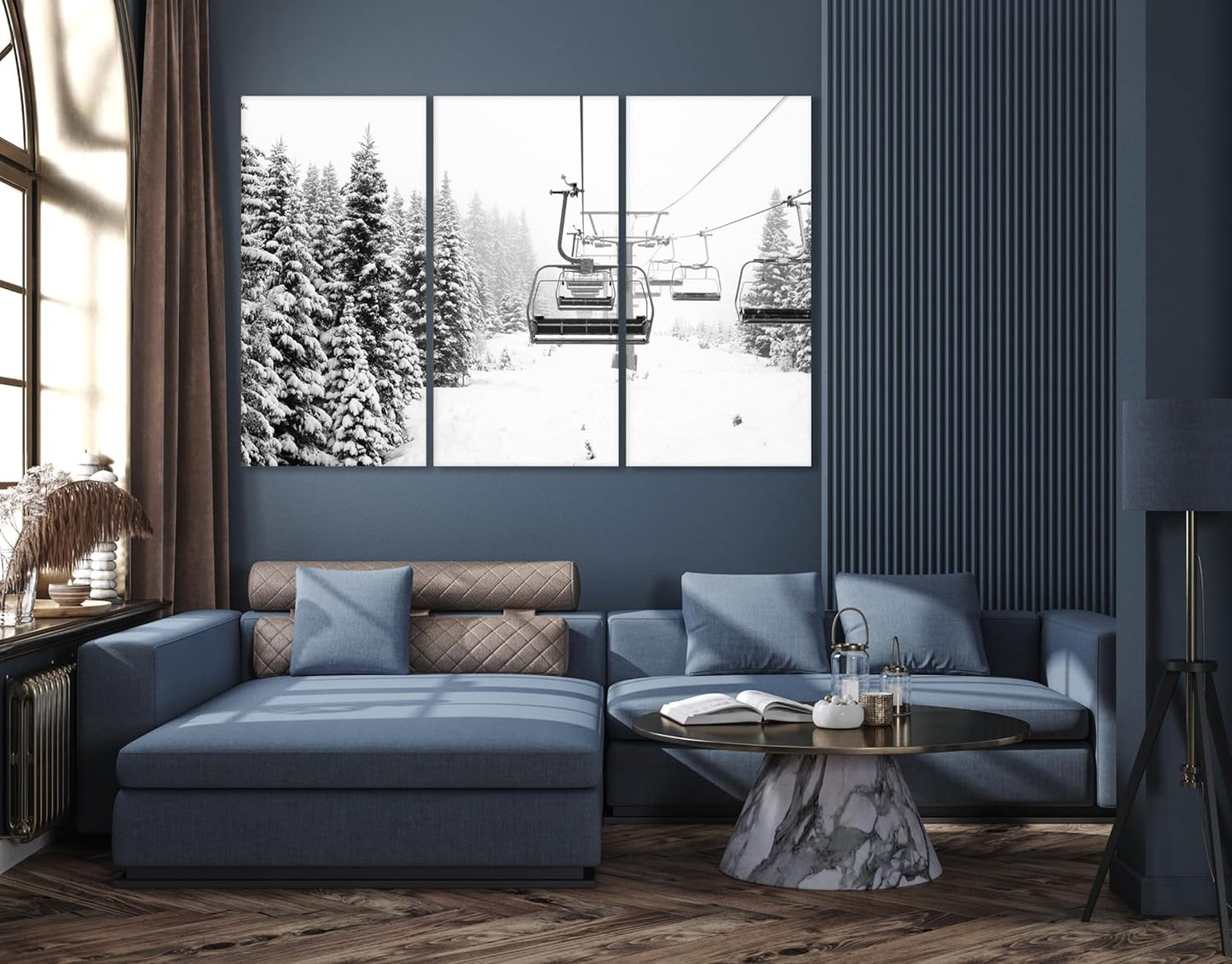 Nature Wall Art Prints - Ocean Forest Mountain Lake Canvas Landscapes - Small to Extra Large Living Room Bedroom Kitchen Bathroom Décor (Ski Lift on Snowy Mountain, 55L" x 83W"- 3 Panels)