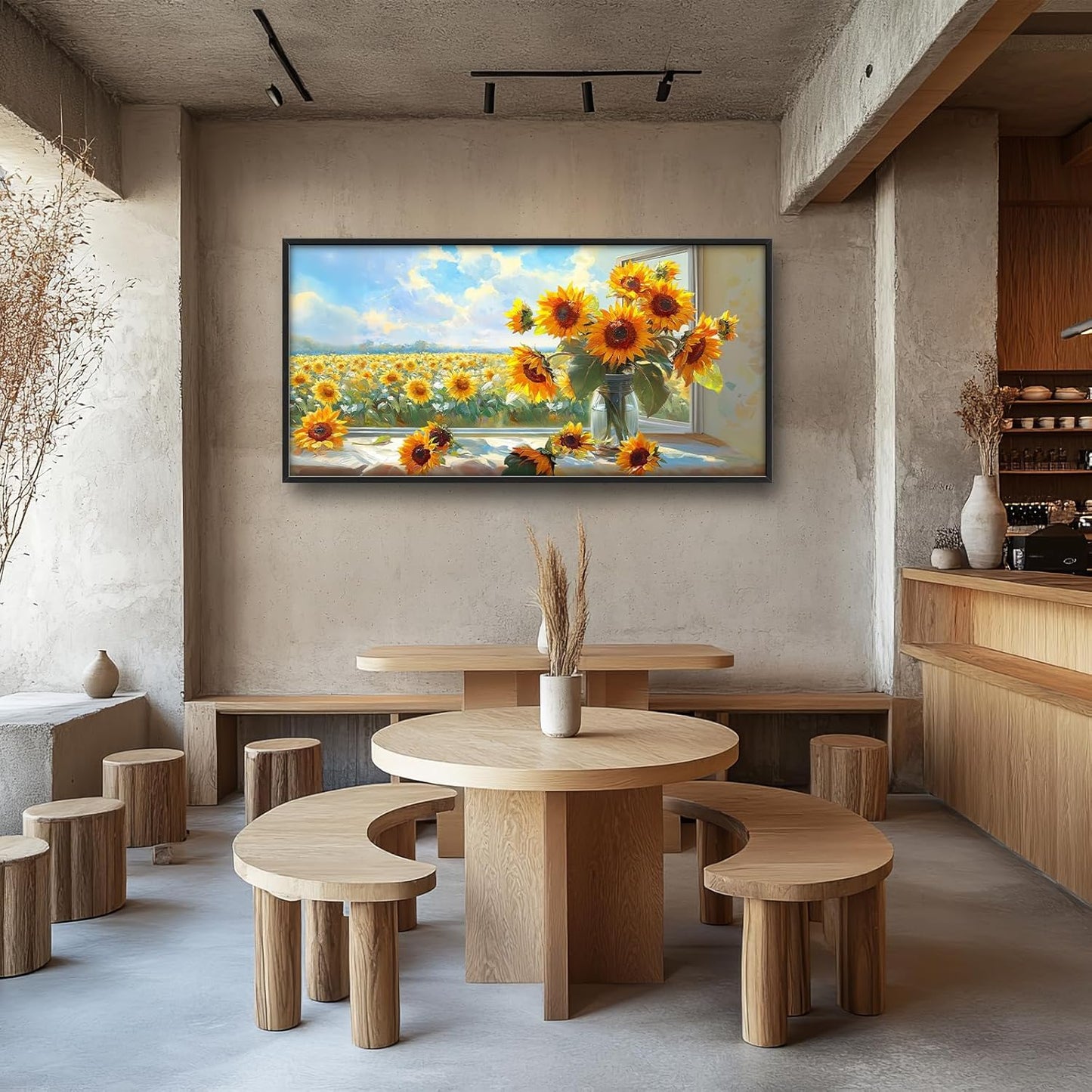 Large Sunflower Wall Art for Living Room, Framed Oversized Flower Field Wall Decor Nature Landscape Canvas Painting Modern Artwork for Living Room Bathroom Bedroom Office Dining Room 60"x30"