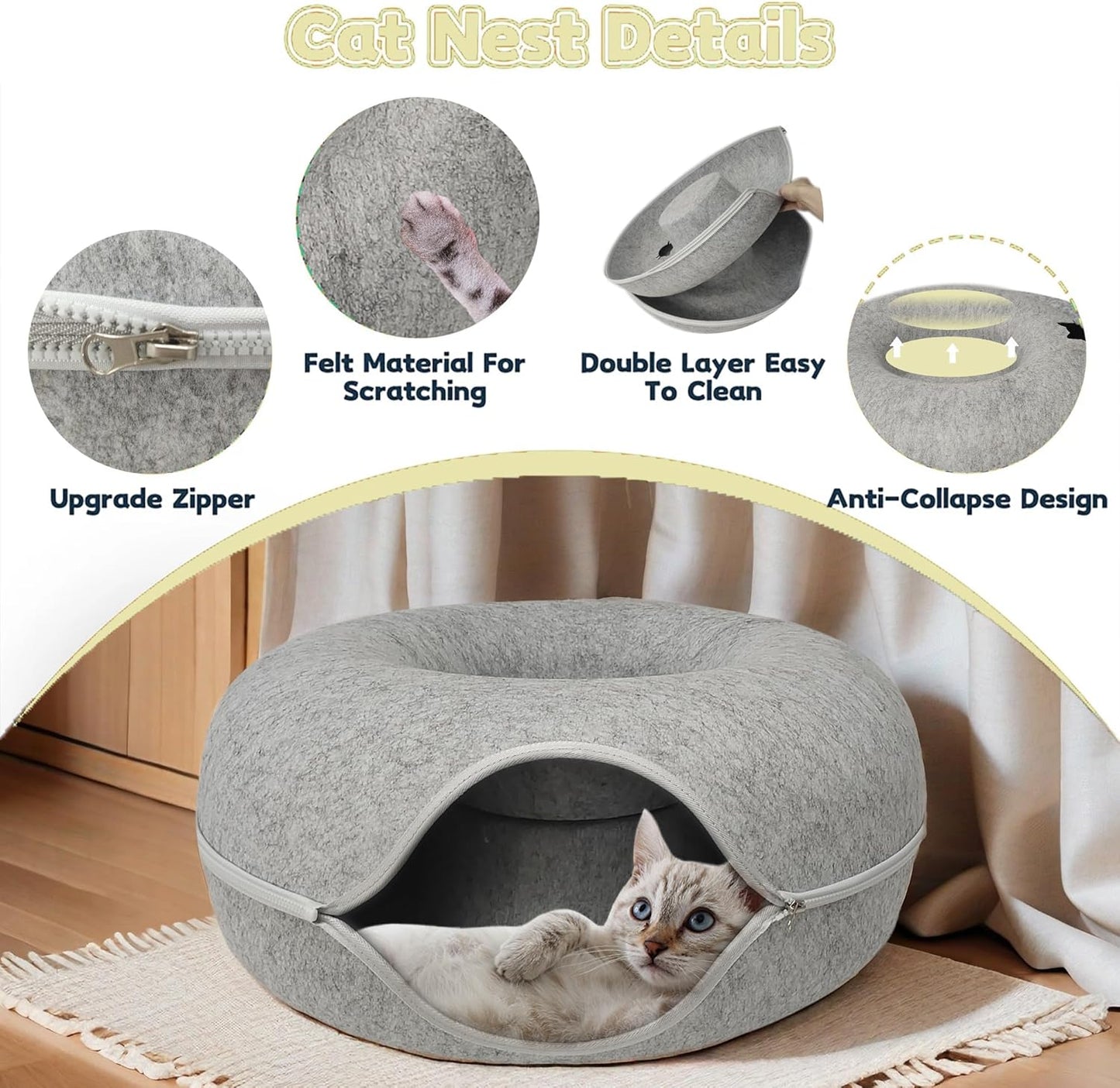 Donut Cat Tunnel Bed Peekaboo Cat Cave for Large Cats Up to 30 Lbs, Kitty Interactive Playing Tent House for Multiple Cats,Detachable,Scratch Resistant (Light Gray, Large - 24 Inch Diameter)