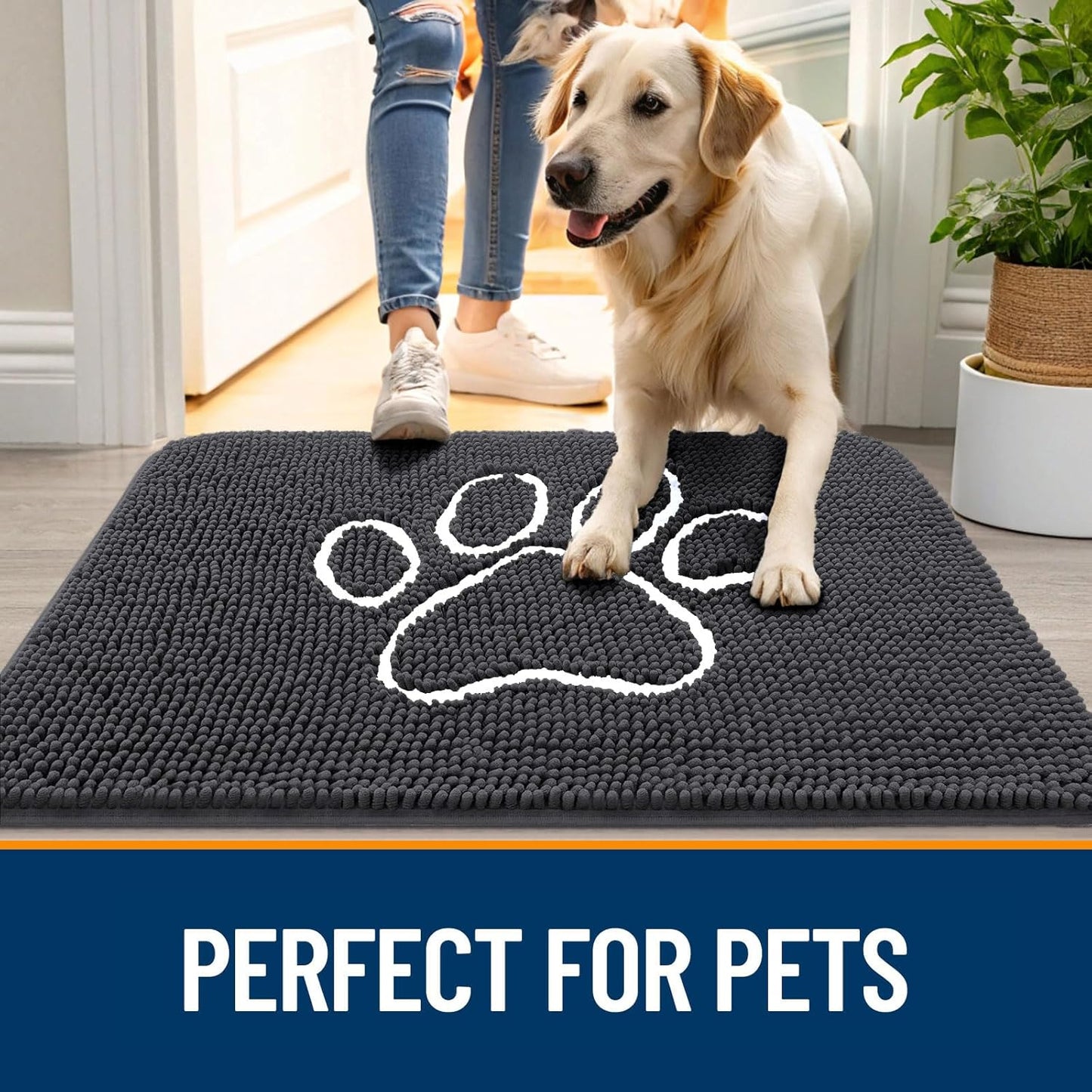 OLANLY Door Mat for Muddy Dog Paws 70x24, Ultra Absorbent Chenille Mud Doormat with Paw Print Design, Non-Slip Washable Doormat for Indoor Entryway, Quick-Dry Pet Bed Mats for Dirty Dogs, Dark Grey