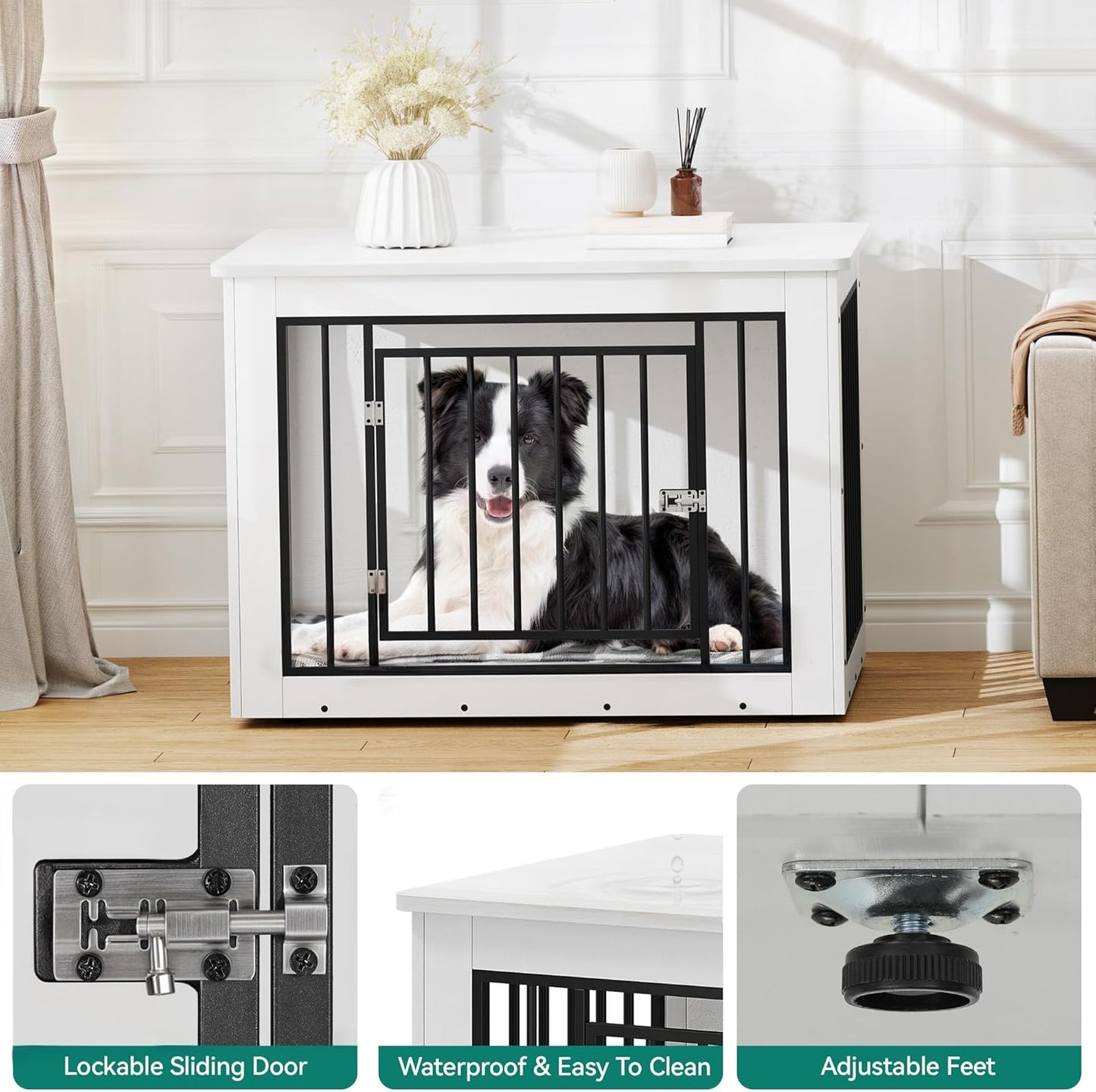 YITAHOME 38.2" L Dog Crate Furniture for Large Dogs, 2-in-1 Iron-Wood Fusion Dog cage Indoor up to 60 lb, Side End Table, Modern Dogs Kennel with Waterproof Top, Safety Corners,Steel Lock,White
