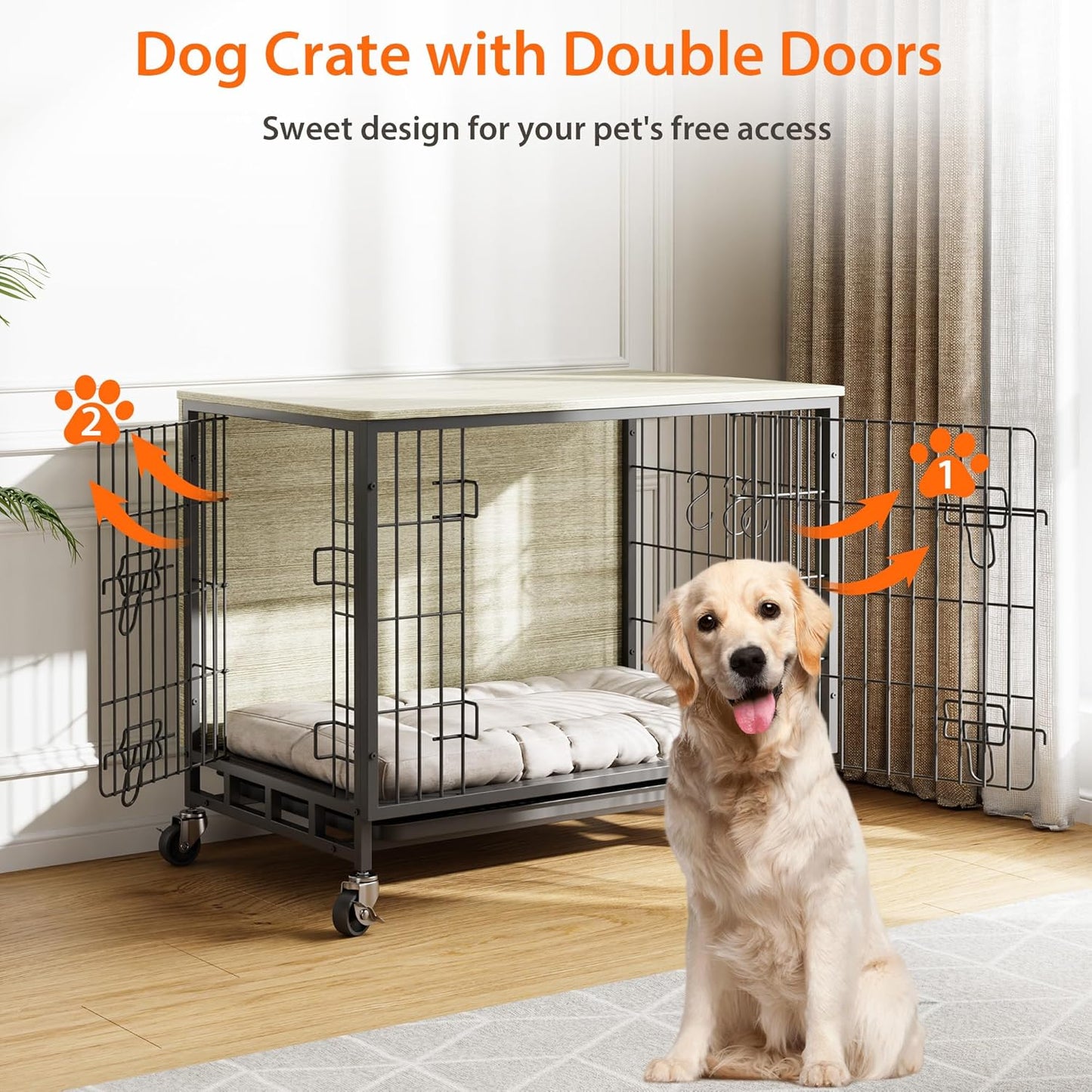 Dog Crate Furniture, 38.6" Wooden Dog Crate with Double Doors, Dog Furniture, Large Dog Kennel Indoor End Table for Large Dogs, Grey