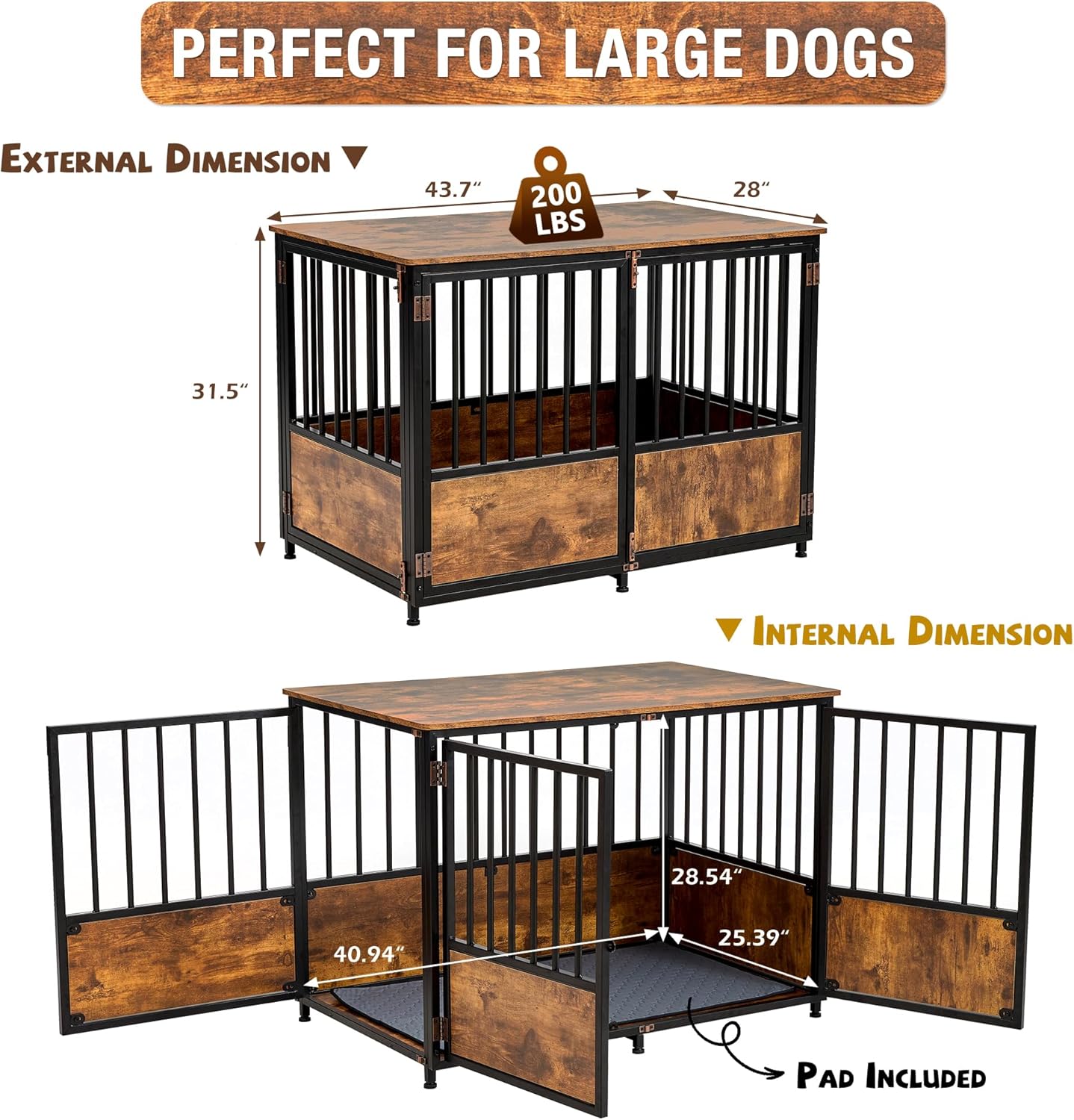 KOOPRO 43.7" Inch Dog Crate Furniture with Cushion for Large Dogs, Wooden Heavy Duty Dog Kennel with Double Doors Indoor, Decorative Pet House Dog Cage Side End Table, Rustic Brown
