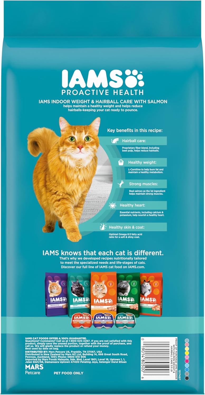 IAMS Proactive Health Indoor Weight Control & Hairball Care Adult Dry Cat Food, Salmon Recipe, 3.5 lb. Bag