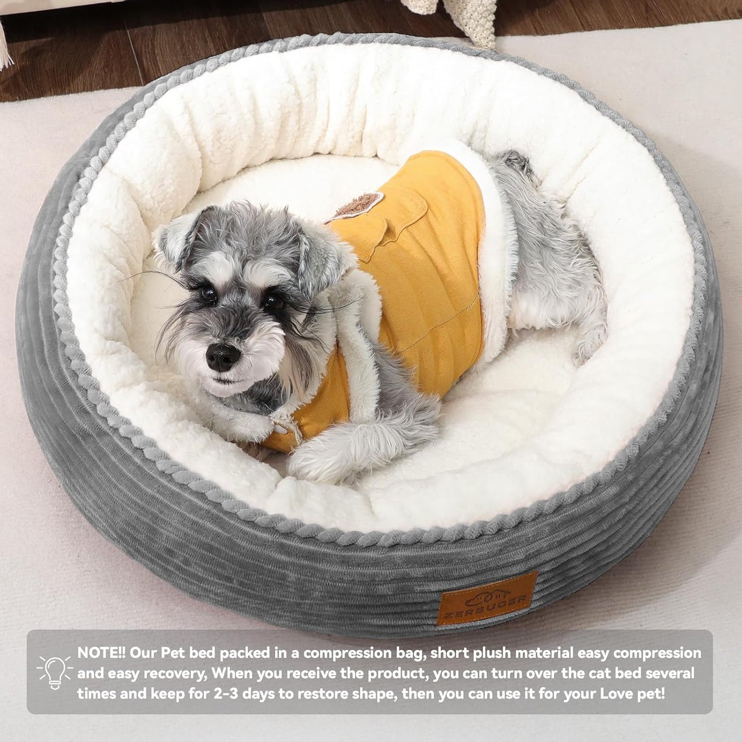 23in Round Cat Dog Bed for Large Medium Small Dogs Cats, Machine Washable Sleeping Sofa, Non-Slip Bottom Breathable Soft Calming Pet Cuddler for Indoor/Outdoor/Car/Cage, Light Grey