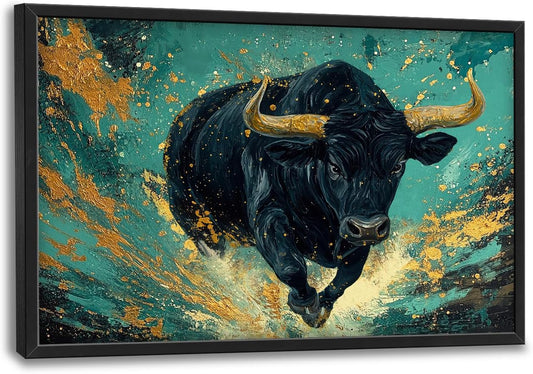 Large Bison Buffalo Wall Art for Living Room, Framed Oversized Bull Wall Decor, Abstract Teal and Golden Canvas Painting Modern Artwork for Living Room Bedroom Office Dining Room 36"x24"