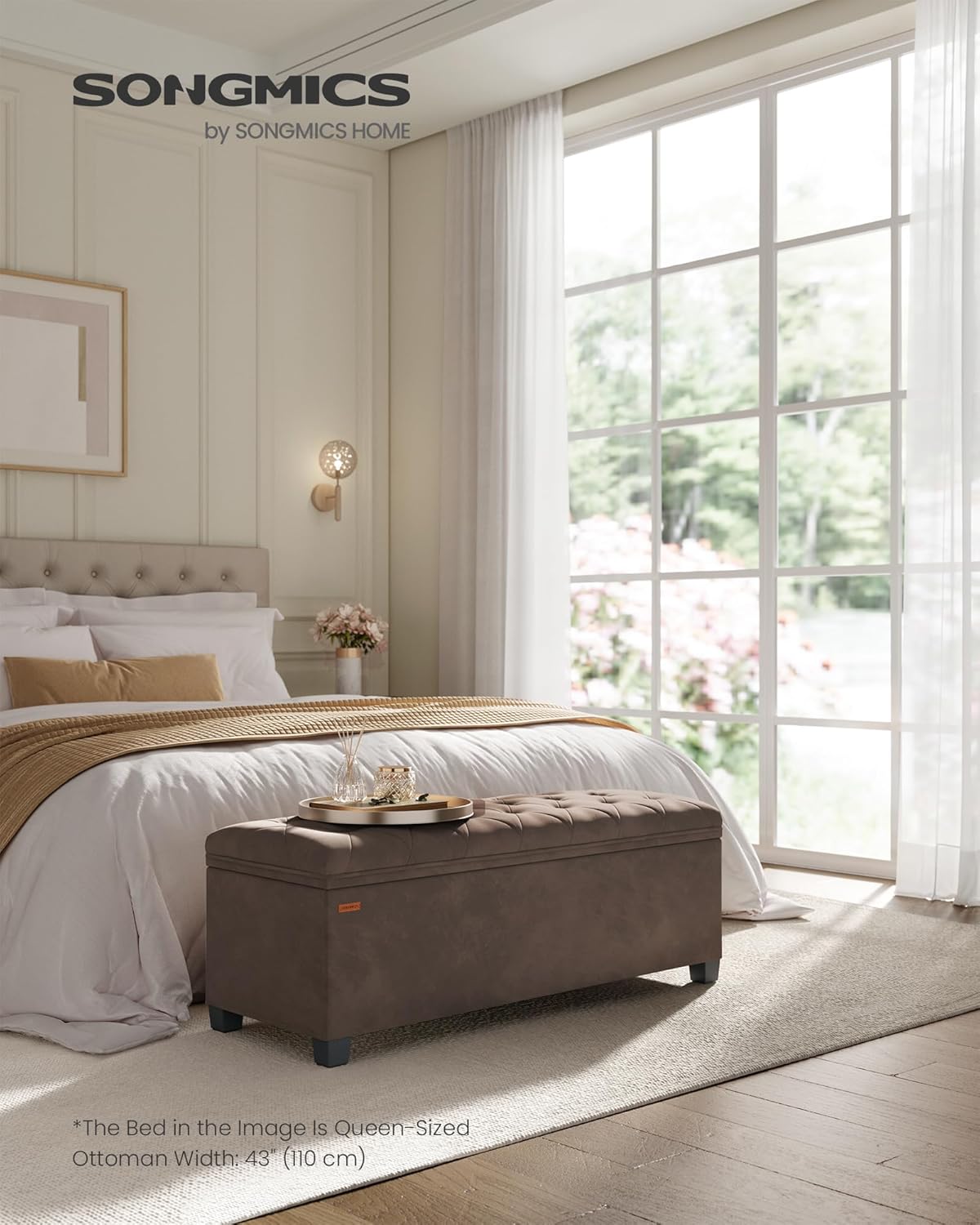SONGMICS Velvet Storage Ottoman Bench, Foot Rest with Legs, 15.7 x 43 x 15.7 Inches, End of Bed Bench, Storage Chest, Load up to 660 lb, for Living Room, Bedroom, Entryway, Walnut Brown ULSF089K01