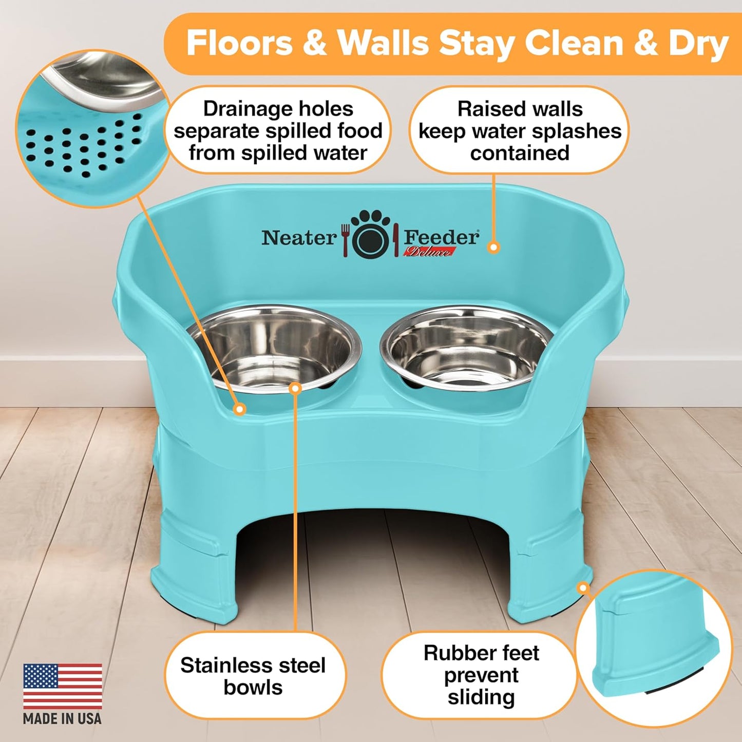 Neater Feeder Deluxe Mess Proof Dog Bowls Elevated Medium Sized Dogs (19-40 lbs) Made in USA, No Spill Raised Dog Food Bowl Stand w/Leg Extension, Stainless Steel Food and Water Bowl Set, Aquamarine