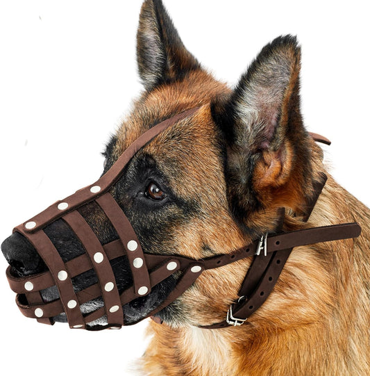 CollarDirect Dog Muzzle German Shepherd Dalmatian Doberman Setter Leather Basket Medium Large Breeds (Chestnut Brown, Medium)