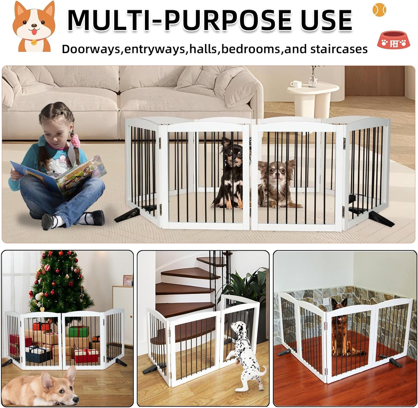 ZJSF Freestanding Panel Dog Gate for Indoor, Doorways,Stairs, or Hallways,Foldable Wooden White Pet Gates for House,Pet Gate for Dogs,Dog Fence, Puppy Gate,Support Feet Included, 32 "Height-2 Panels