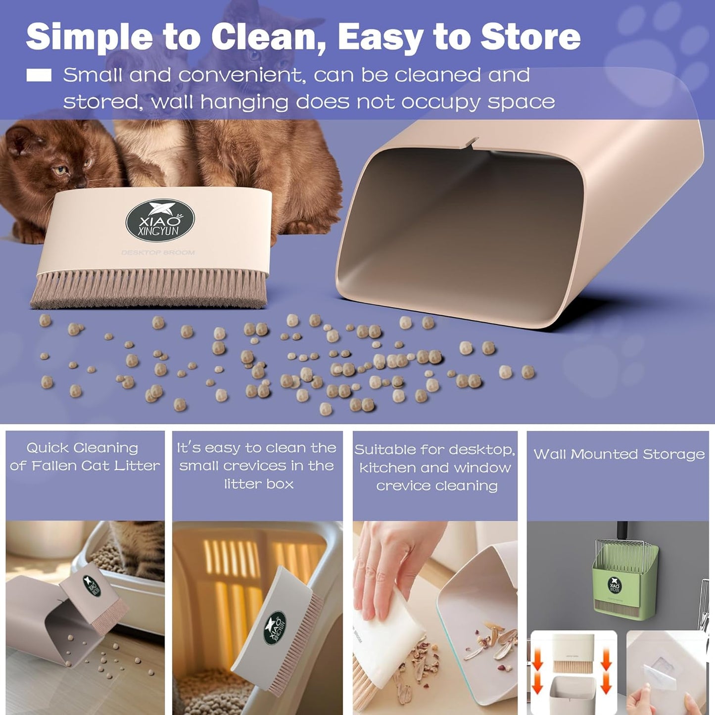 Cat Litter Scooper with Holder, Metal Litter Scoop Includes Portable Small Broom and Dustpan Set, Heavy Duty Stainless Steel Litter Scoop with Coarse and Fine Grid, Quick Sift and Easy Clean