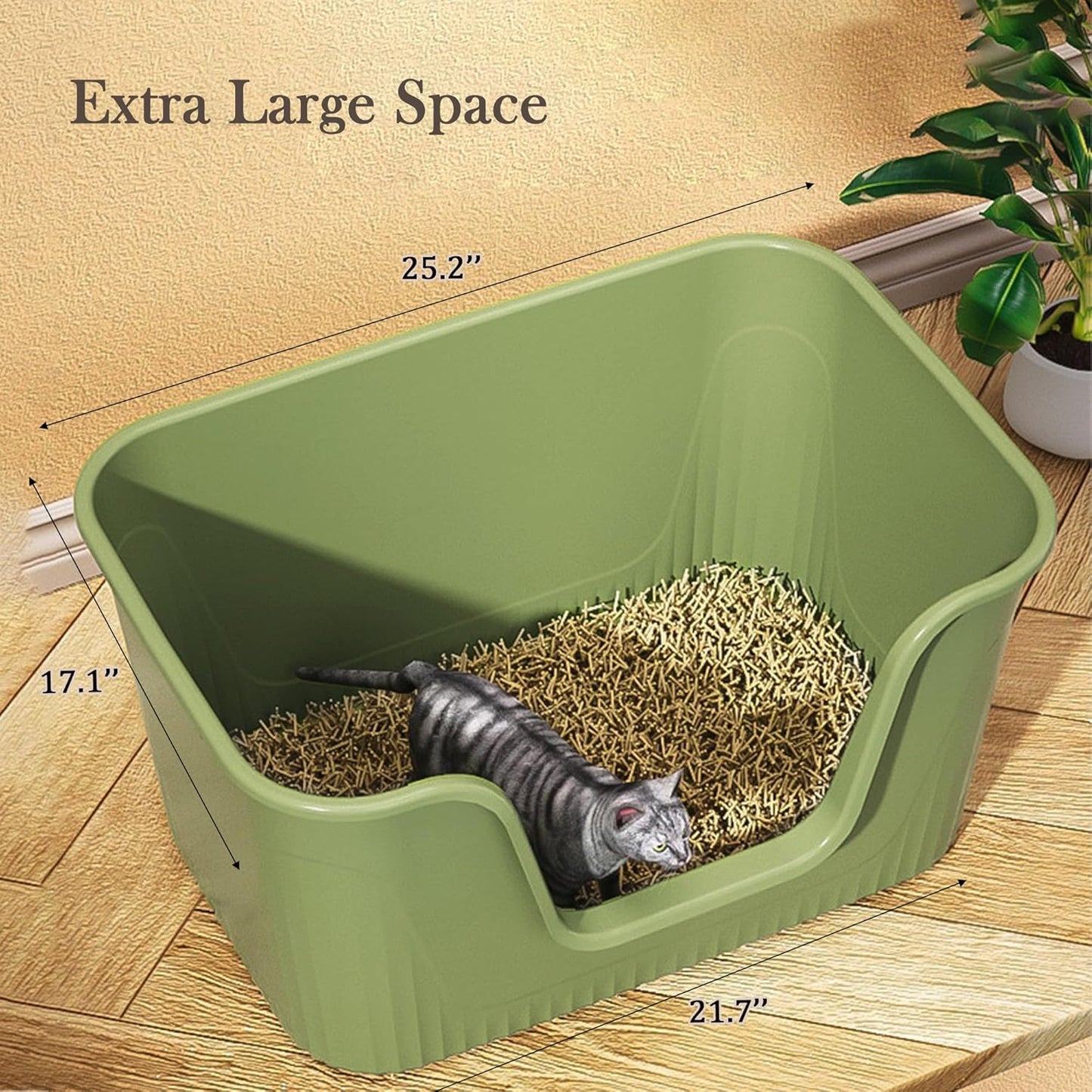 Vealind Extra Large Litter Box with High Sides, XL Litter Boxes for Big Cats, High Sided Litter Pan, Leak-Proof & Anti-Splashing, Easy Clean & Durable (25” * 17” * 13” Green)