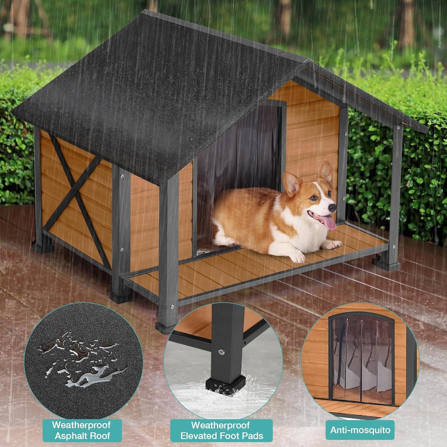 Outdoor Dog House,Weatherproof Wooden Dog Shelter for Small to Medium Sized Dogs,Iron Frame Indoor Outdoor Doghouse,Puppy Kennel,Pets Warm House in Winter with Large Porch