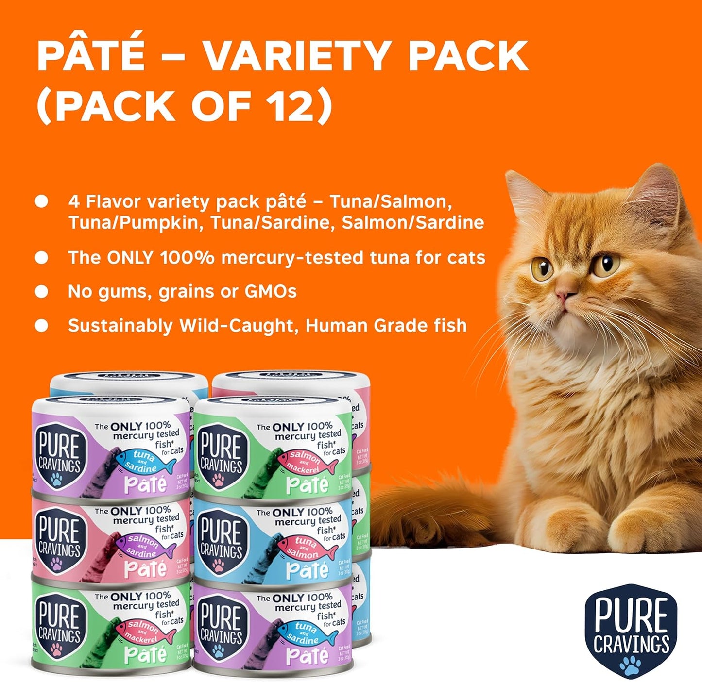 Pate, Canned Wet Cat Food, 100% Mercury-Tested, Moist Can Fish, Grain-Free Protein, Non-GMO, Variety Pack of 12-3X Tuna/Salmon, 3X Tuna/Pumpkin, 3X Tuna/Sardine, 3X Salmon/Sardine