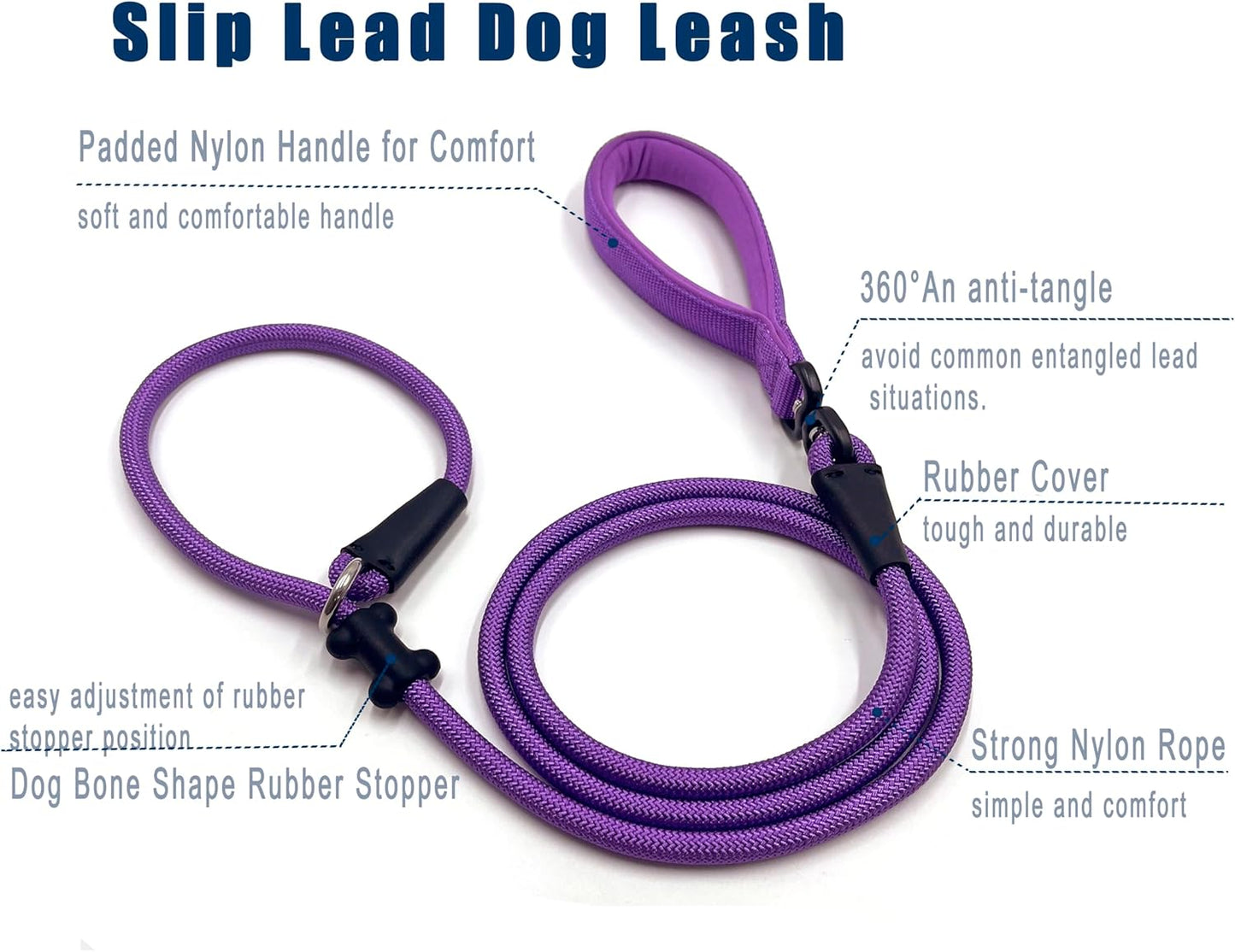 Slip Lead Dog Leash，Strong Nylon Rope Leash and Padded Handle,No Pull Outdoor Walking Training Lead for Small Medium Large Dogs (Purple, 1/2"×6ft)