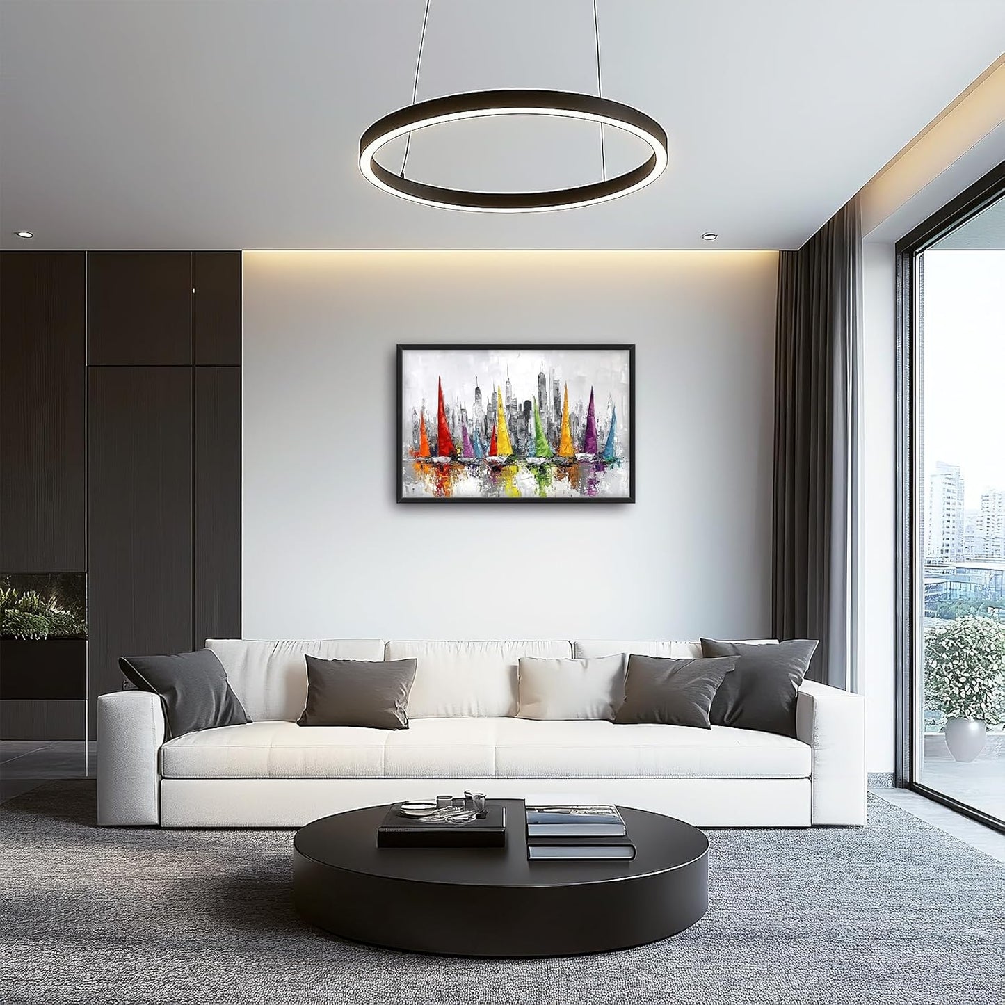 Framed Large Sailboat Wall Art for Living Room, Oversized Abstract City Wall Decor Colorful Sailboat Canvas Painting Pictures Modern Artwork for Living Room Bedroom Office Dinging Room 36"x24"