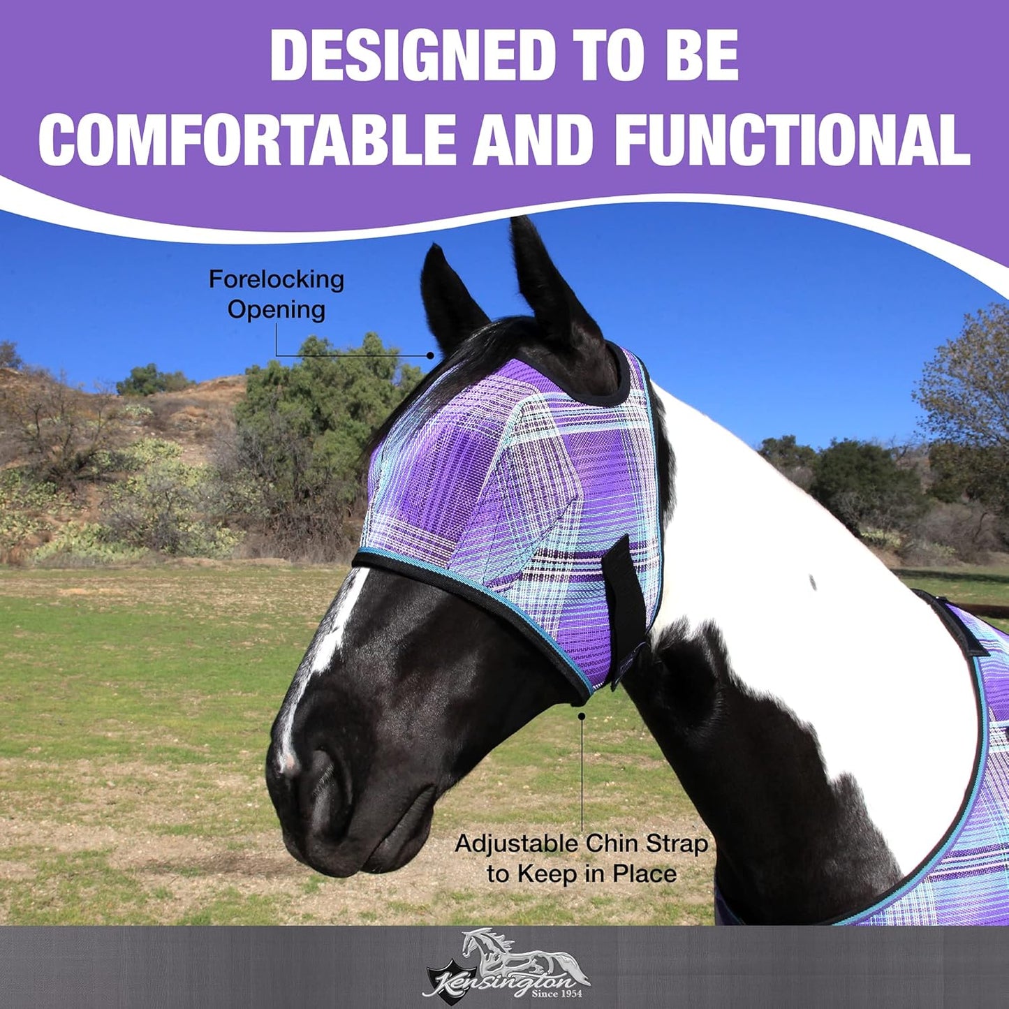 Kensington Fly Mask Web Trim Protects Horses Face and Eyes from Bites and Sun Rays While Allowing Full Visibility Ears and Forelock Able to Come Through The Mask, Large, Lavender Mint