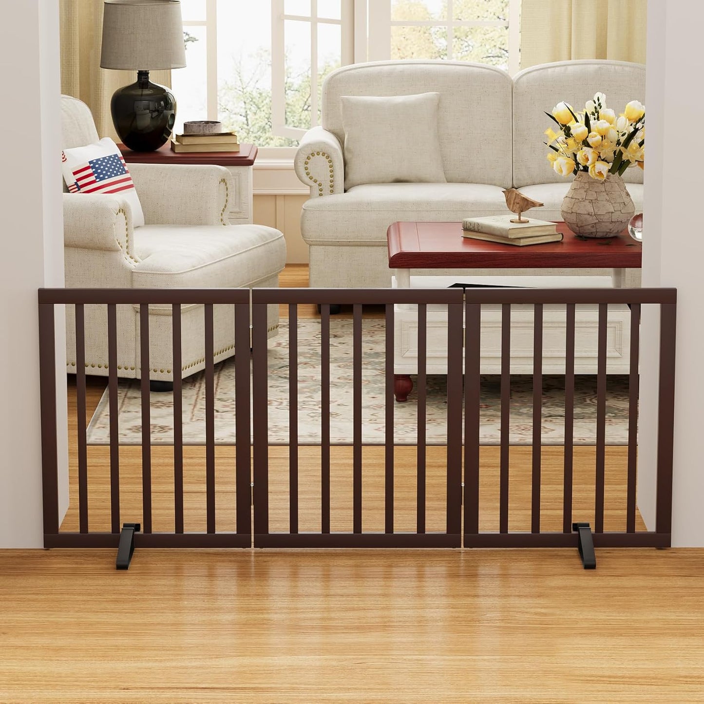 Brown 18-55" Wide Dog Gate, Bamboo Freestanding Pet Gates for Dogs, Puppy Fence