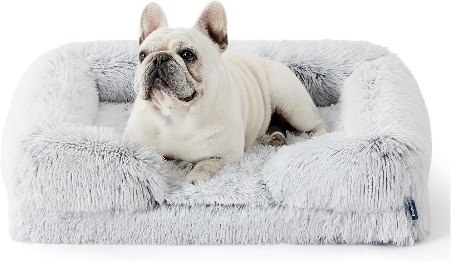 Bedsure Orthopedic Dog Bed Medium Size Dogs - Washable Medium Dog Cat Bed Waterproof, Comfort Pet Couch Sofa with Washable Removable Cover, Pets Bed with Nonskid Bottom, Long Faux Fur-Misty Grey, 28"
