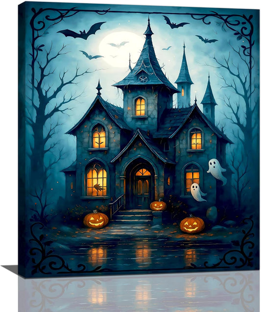Halloween Gothic Wall Art Castle Pumpkin Ghost Bat Canvas Wall Decor Dark Academia Pictures Painting Print Framed Artwork Decorations Gifts for Halloween Living Room Bedroom Office 20"x24"