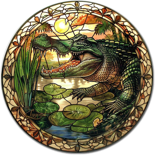 Lygond Metal Sign Tin Sign Circular Stained Glass Alligator Tin Signs for Garden for Pub 8×8 Inches