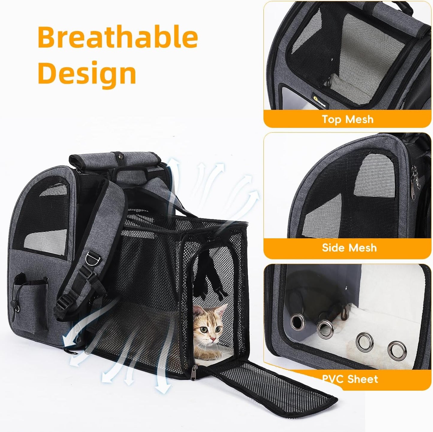 Hoopet Expandable Cat Backpack Carrier – Breathable Pet Carrier for Small Cats & Dogs, Foldable Travel Backpack with Mesh Ventilation for Hiking, Walking, Camping, Dark Grey