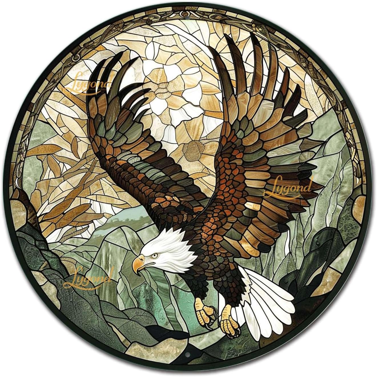 Lygond Metal Sign Tin Sign Circular Stained Glass American Bald Eagle Bar Signs for Home Bar for Club 12×12 Inches