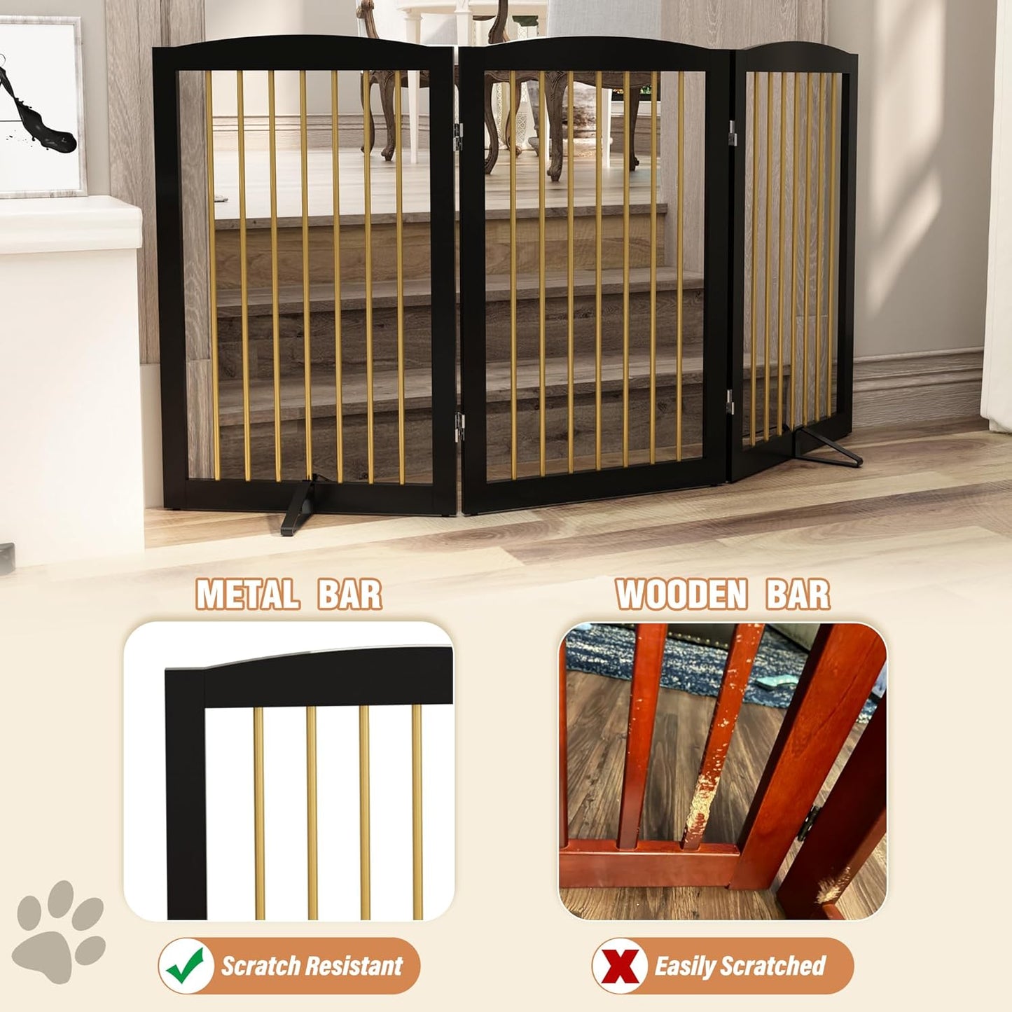Freestanding Pet Gate for Dogs, Foldable Wooden Dog Gate for House Indoor, Step Over Pet Puppy Safety Fence for Stair, Doorway,Hall, Support Feet Included,3 Panels 32",Black&Gold