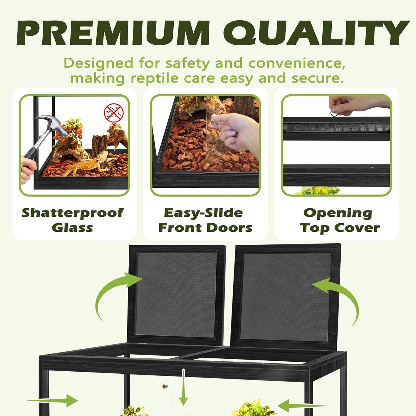 Prolee Tempered Glass Bearded Dragon Tank,Reptile Encloure and Snake Tank with Metal Mesh Roof Door,Locking Design Reptile Tank for Lizard,Gecko,Chameleon (Black, 63 Gallon (40x20x20 Inch))