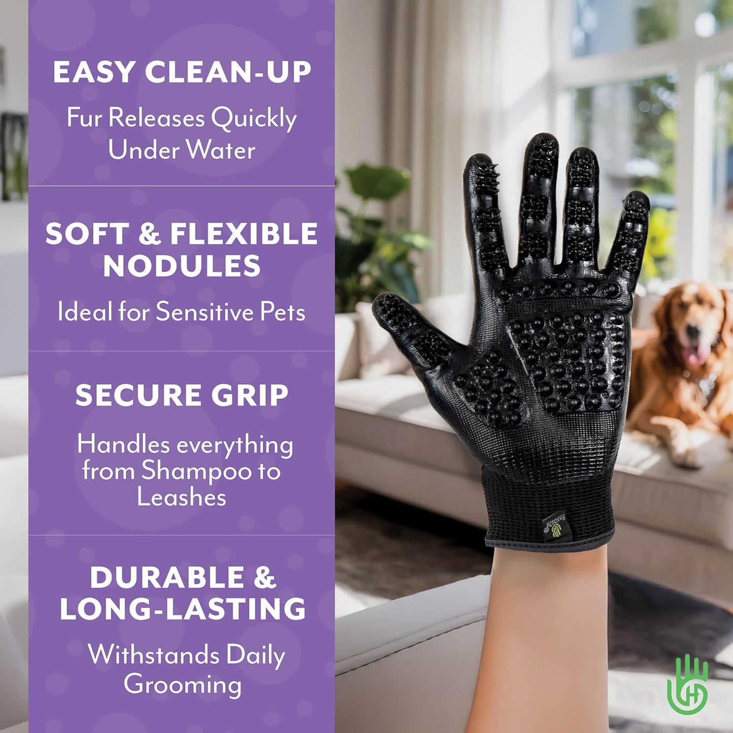 H HANDSON Pet Grooming Gloves - Patented #1 Ranked, Award Winning Shedding, Bathing, & Hair Remover Gloves - Gentle Brush for Cats, Dogs, and Horses (Purple, X-Large)