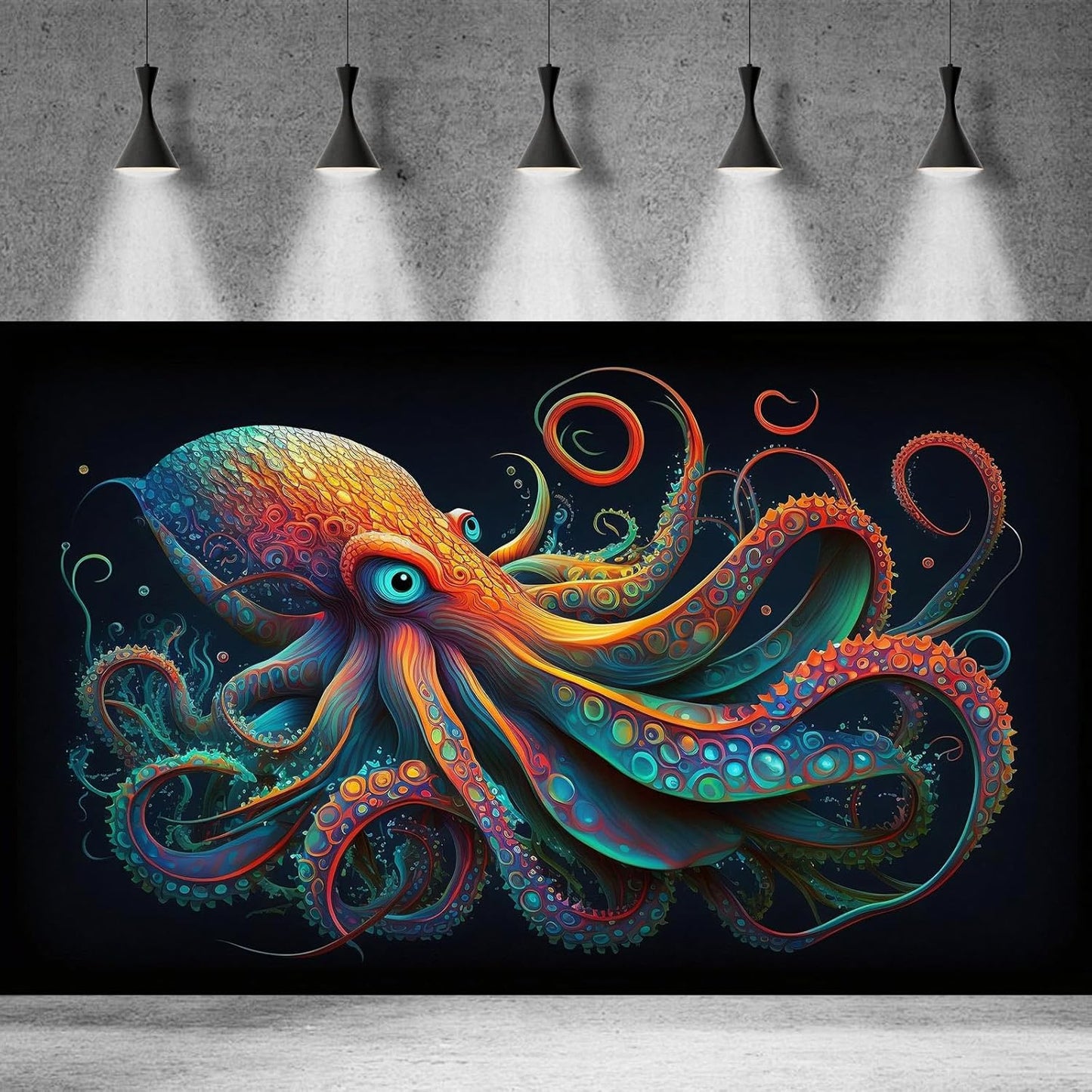 Octopus Aquarium Background Abstract Colorful Octopus Terrarium Background Glowing Octopus on Black Background Fish Tank Backdrop Poster Wallpaper Decorations Vinyl 30x18in