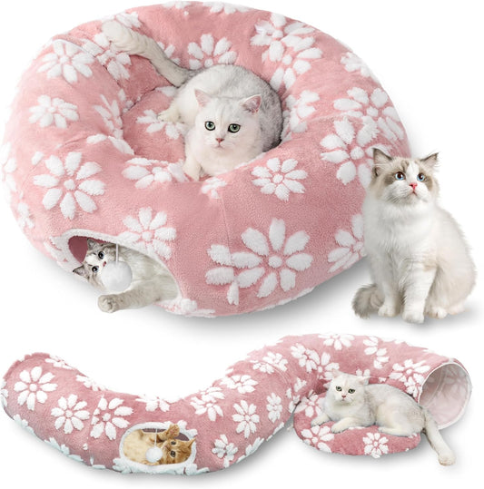 Cat Tunnel for Indoor Cats, Cute Peekaboo Cat Cave with Dangling Balls, Pet Donut Tunnel Bed with Circle Mat for Puppy Kitten Rabbit, Pink