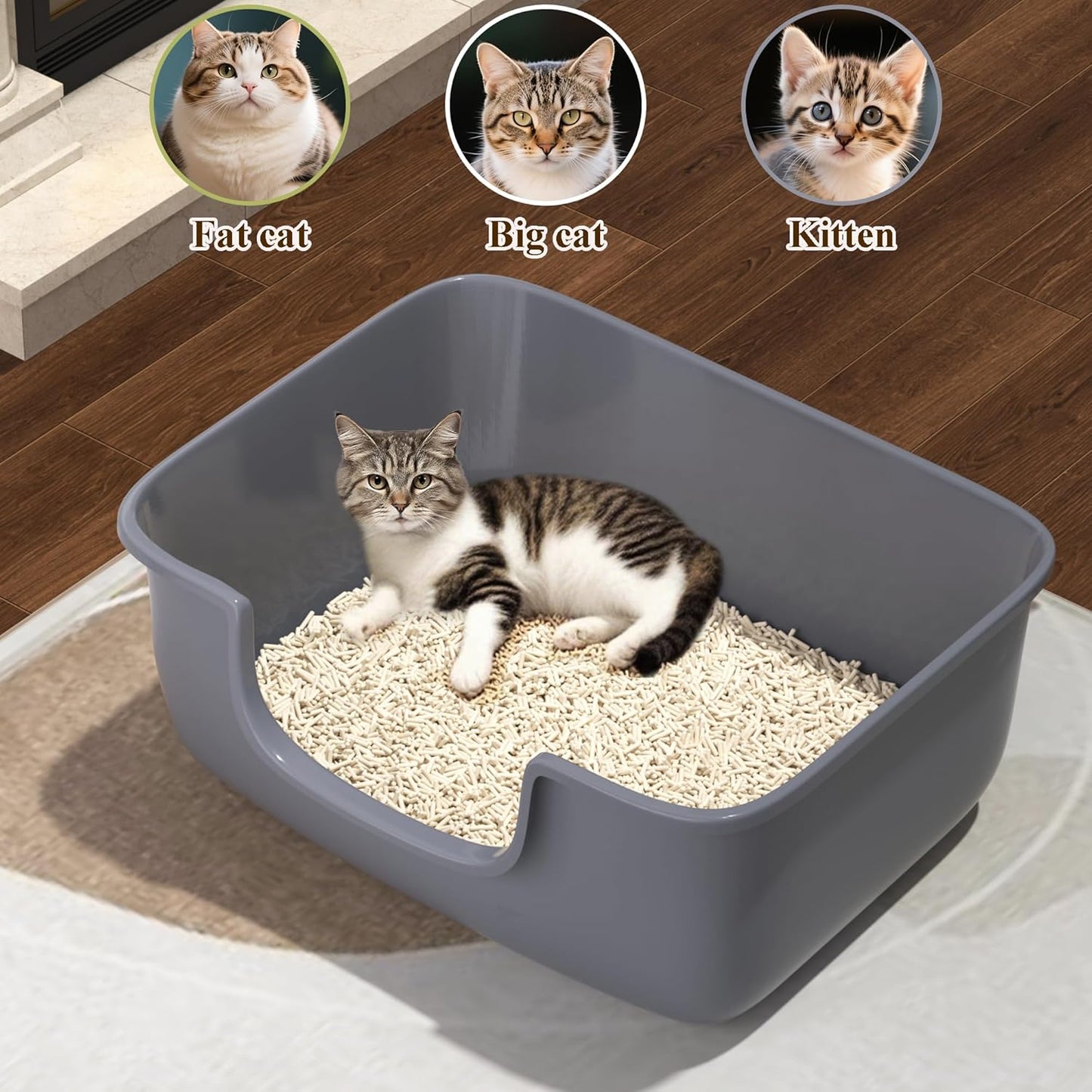 Large Cat Litter Box with High Sides, Open Kitty Litter Boxes Anti-Splashing for Indoor Cat Low Entry Cat Litter Pan for Small and Elderly Cats, Tool-Free Assembly(19.7” * 15.76” * 8.67” Grey)