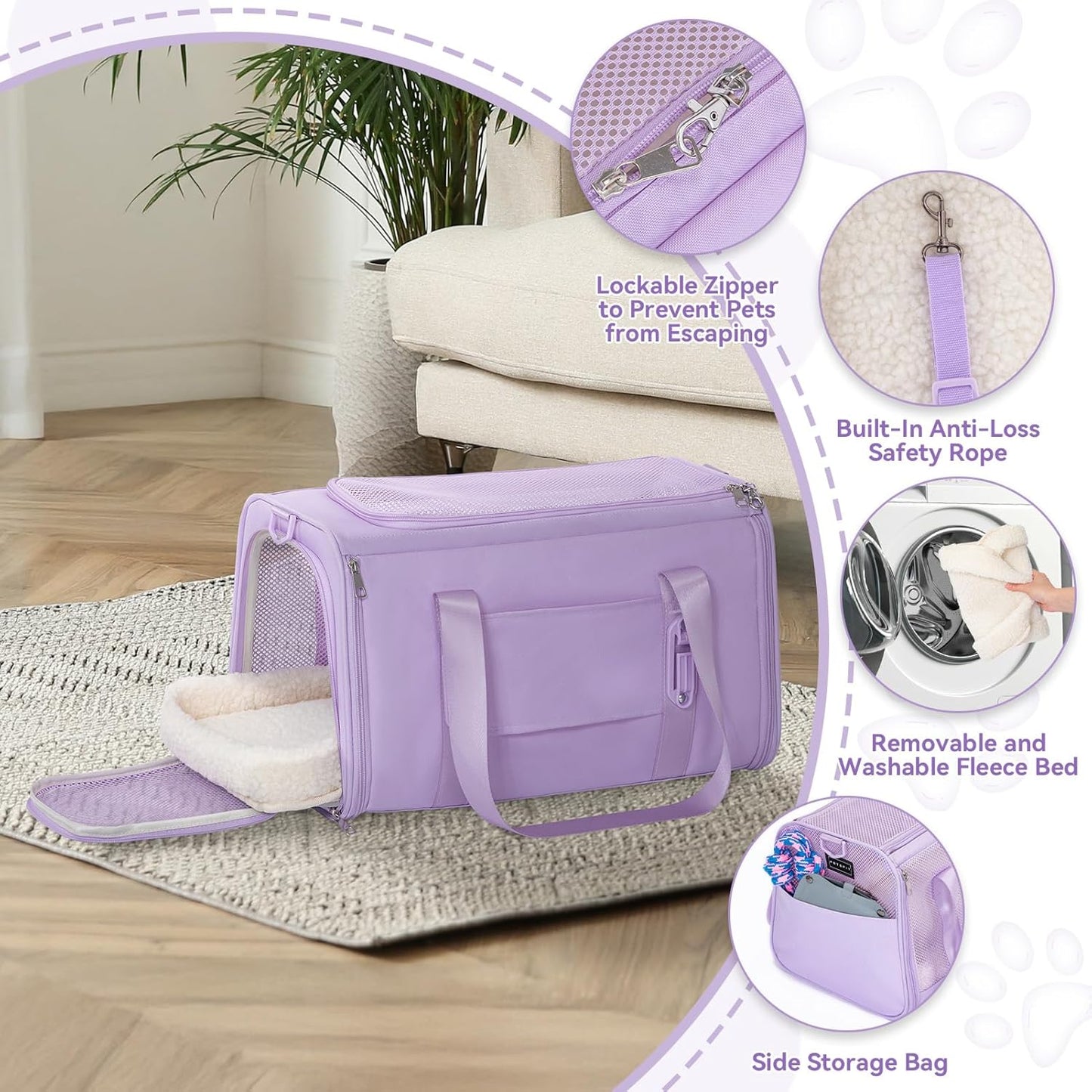 PETSFIT Soft-Sided Cat Carriers & Car Seats with Patent Safe Buckles, Clip-On Harness, 18"x11"x11" Airline Approved Pet Carrier - 9 lbs Capacity (Purple)