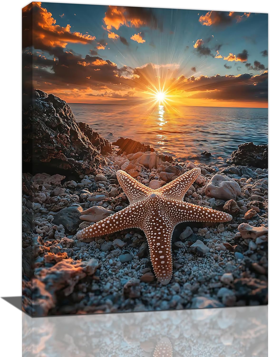 Beach Starfish Wall Decor Ocean Starfish Wall Art Sunset Scenery Coastal Theme Pictures Canvas Nature Seascape Painting Print Framed Artwork Decorations for Home Bathroom Living Room Bedroom Office 12"x16"