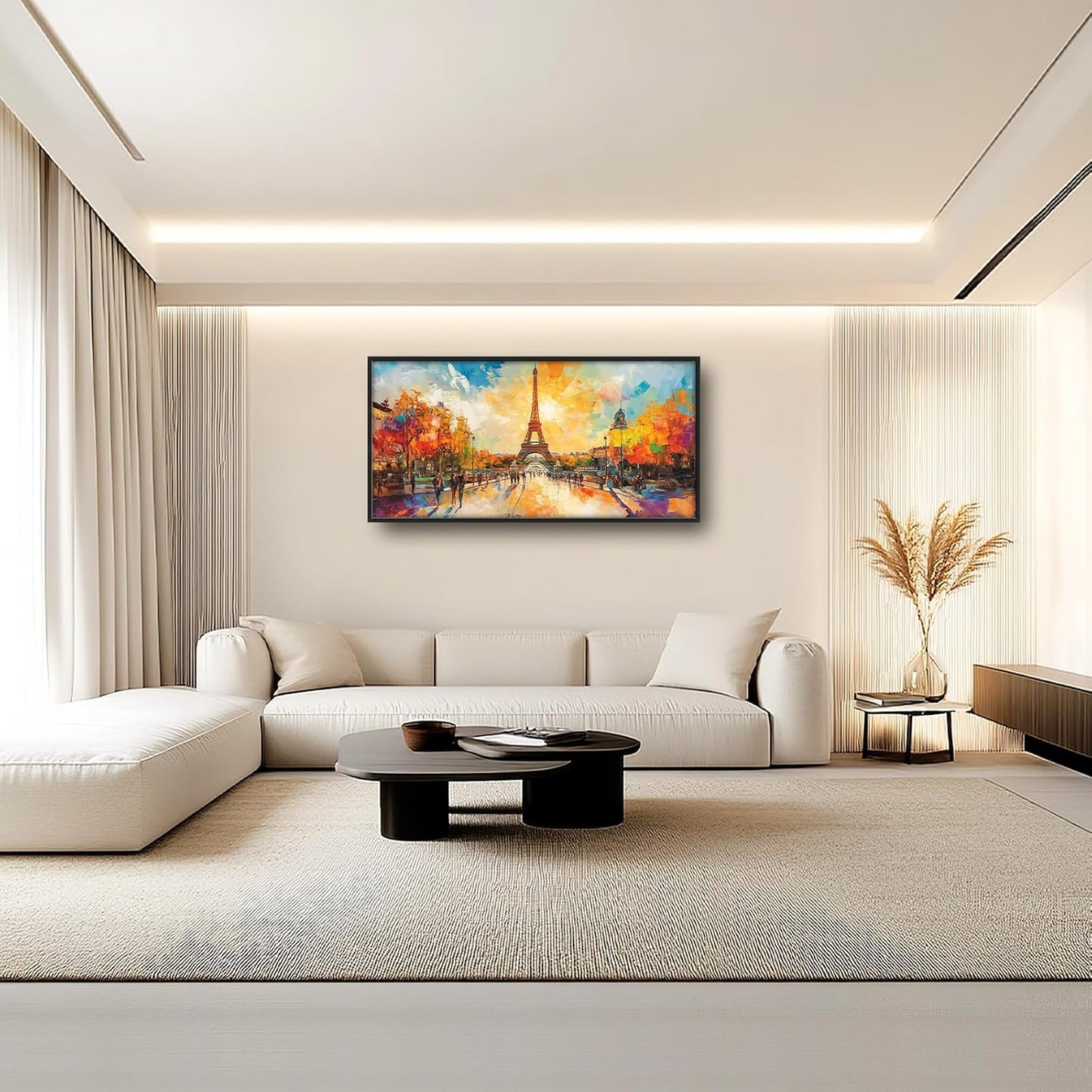 Framed Large Eiffel Tower Wall Art for Living Room, Oversized Paris City Street Landscape Wall Decor, Colorful Sunrise Canvas Painting Modern Artwork for Living Room Bedroom Office 60"x30"