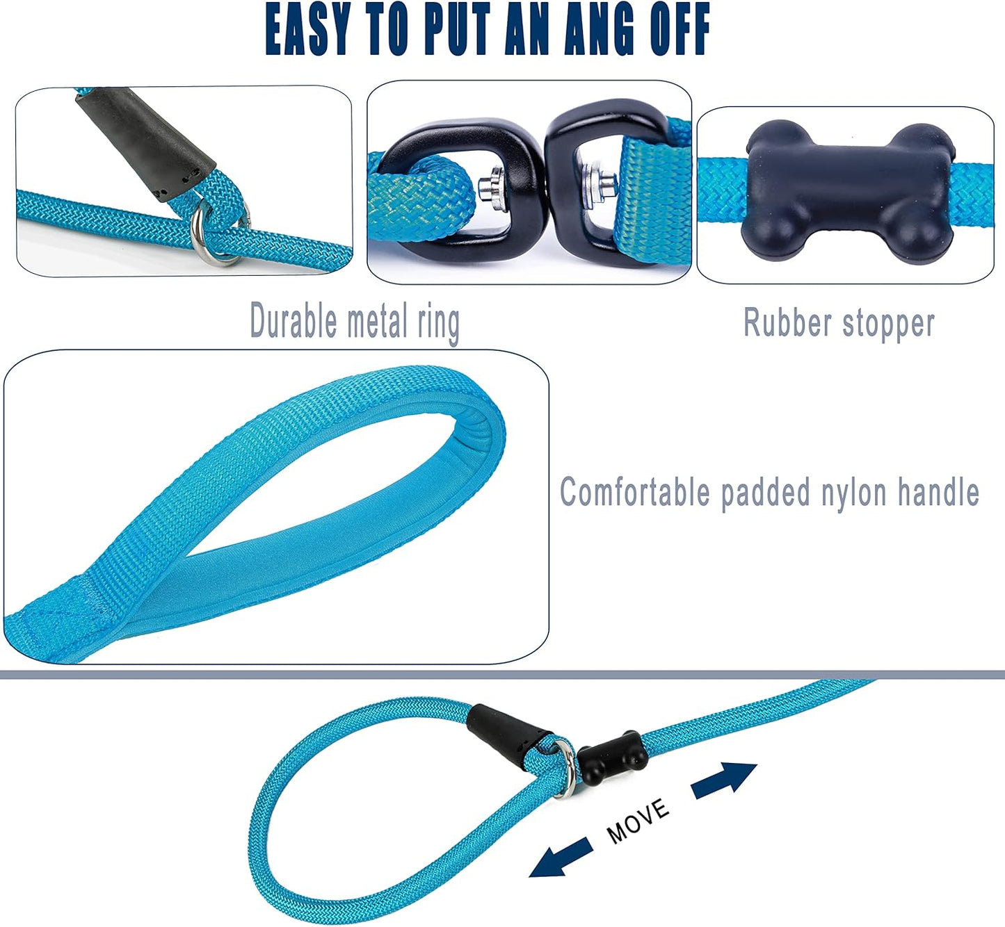 Slip Lead Dog Leash，Strong Nylon Rope Leash and Padded Handle,No Pull Outdoor Walking Training Lead for Small Medium Large Dogs(Blue, 1/2"×6ft)