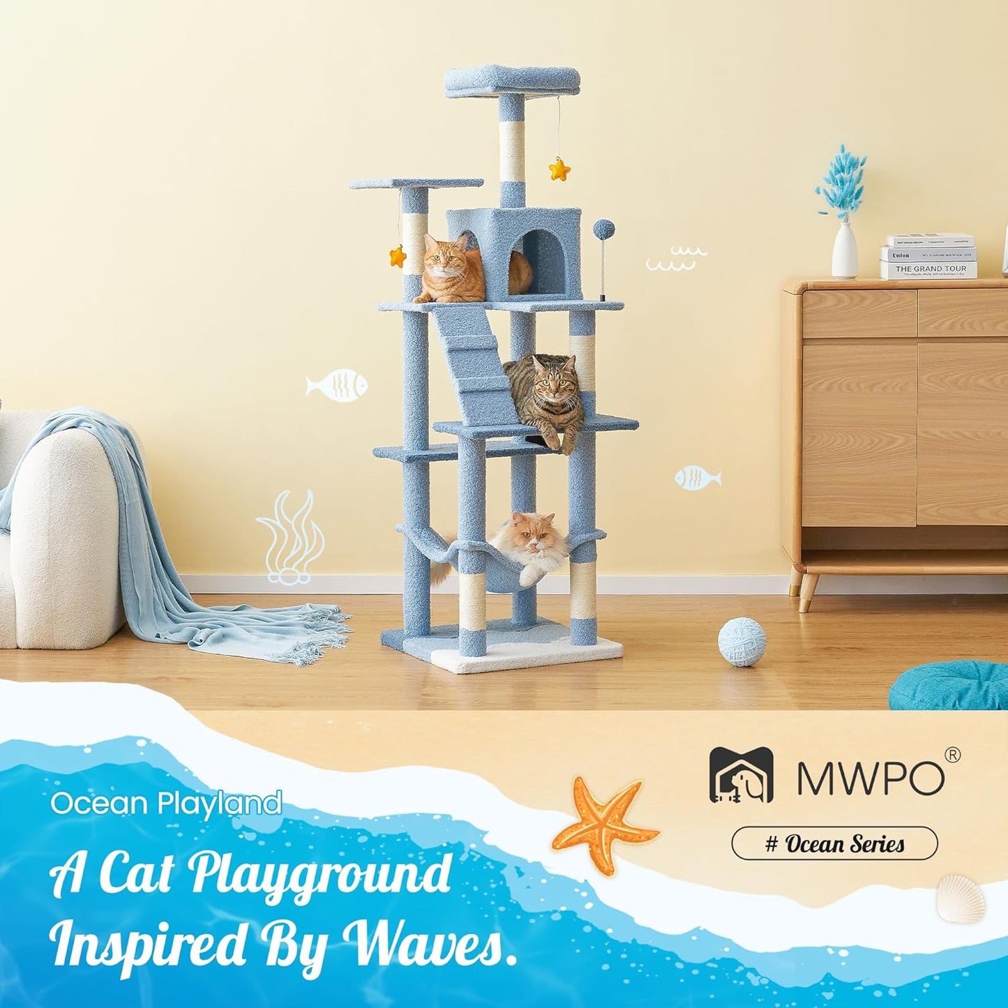 MWPO Ocean-Themed Cat Tree for Indoor Cats, 63.8 Inches Multi-Level Tower with Sisal-Covered Scratching Posts, Padded Platform, Hammock, Dangling Toys, Stable Condo Pet Play House, Blue
