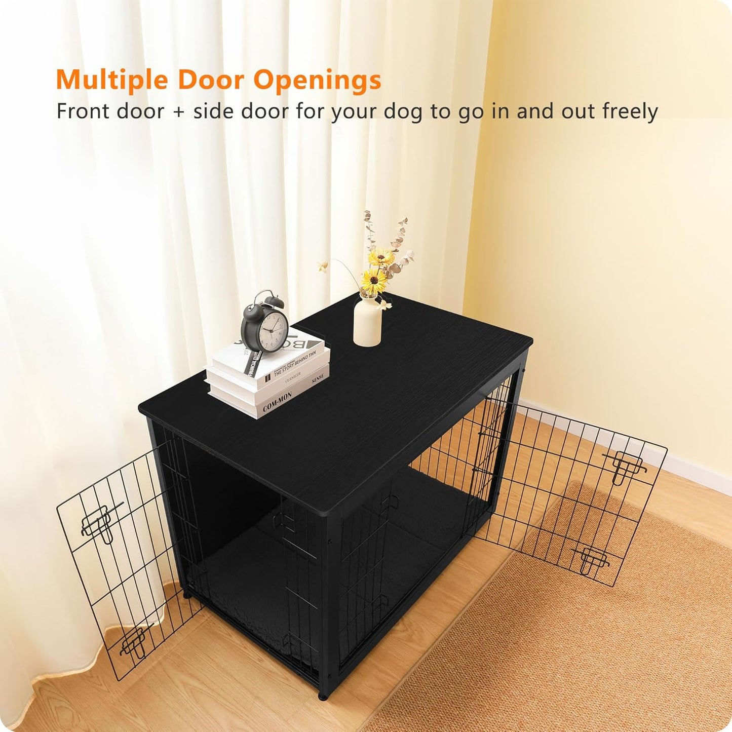 DWANTON Dog Crate Furniture with Cushion, Wooden Kennel Table with Double Doors, Indoor Dog House, Large Size, 38.5" L, Black