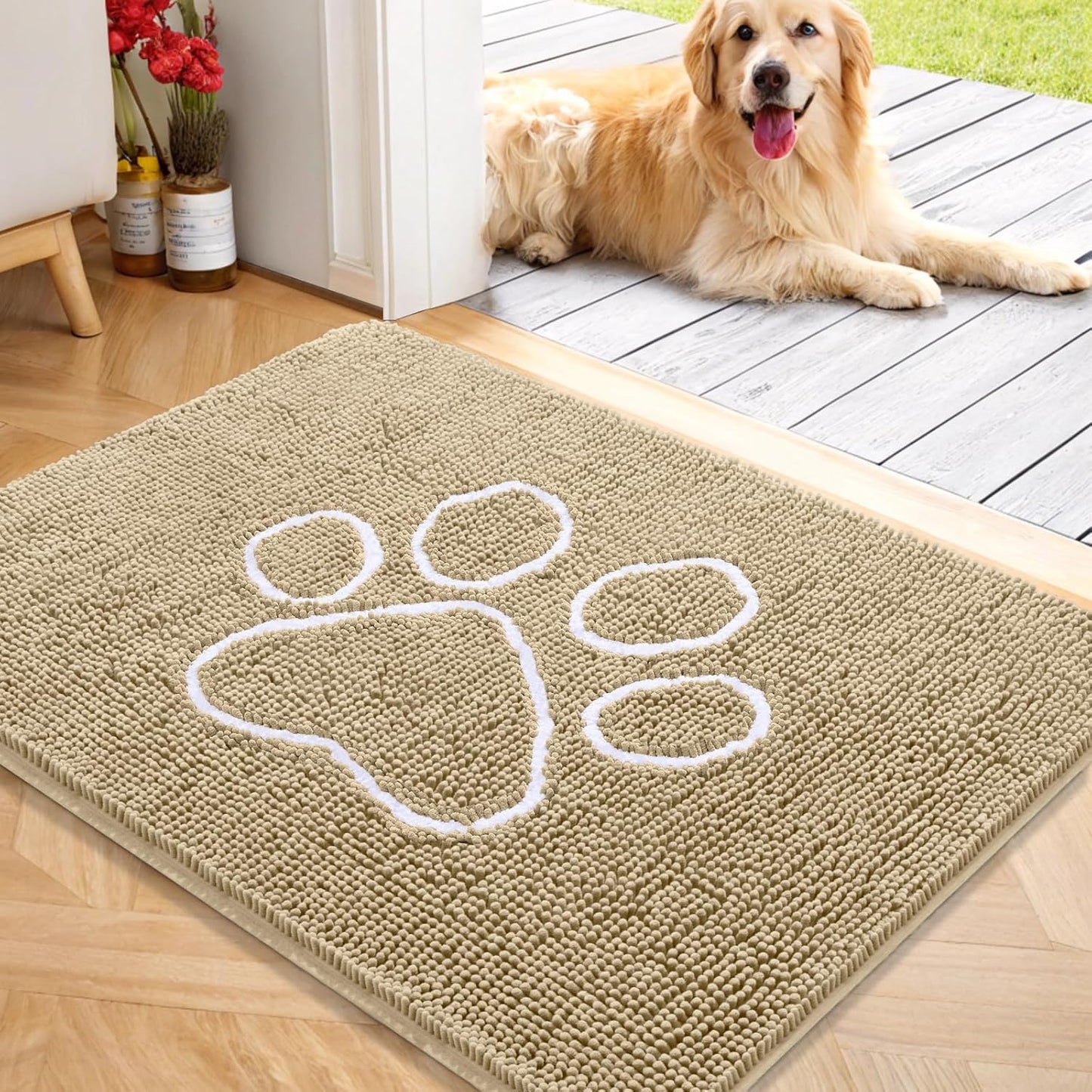 OLANLY Door Mat for Muddy Dog Paws 40x32, Ultra Absorbent Chenille Mud Doormat with Paw Print Design, Non-Slip Washable Doormat for Indoor Entryway, Quick-Dry Pet Bed Mats for Dirty Dogs, Beige
